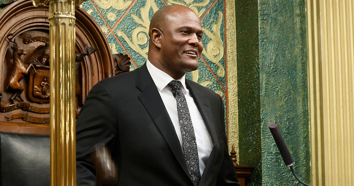 Speaker of the House Joe Tate (D-Detroit), gavels into House Session at the Capitol in Lansing on May 8, 2024.