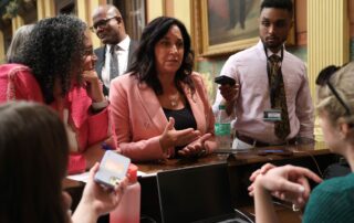 State Rep. Angela Witwer (Delta Township) speaks on the House budget to reporters at the Michigan Capitol on Wednesday, May 8, 2024.