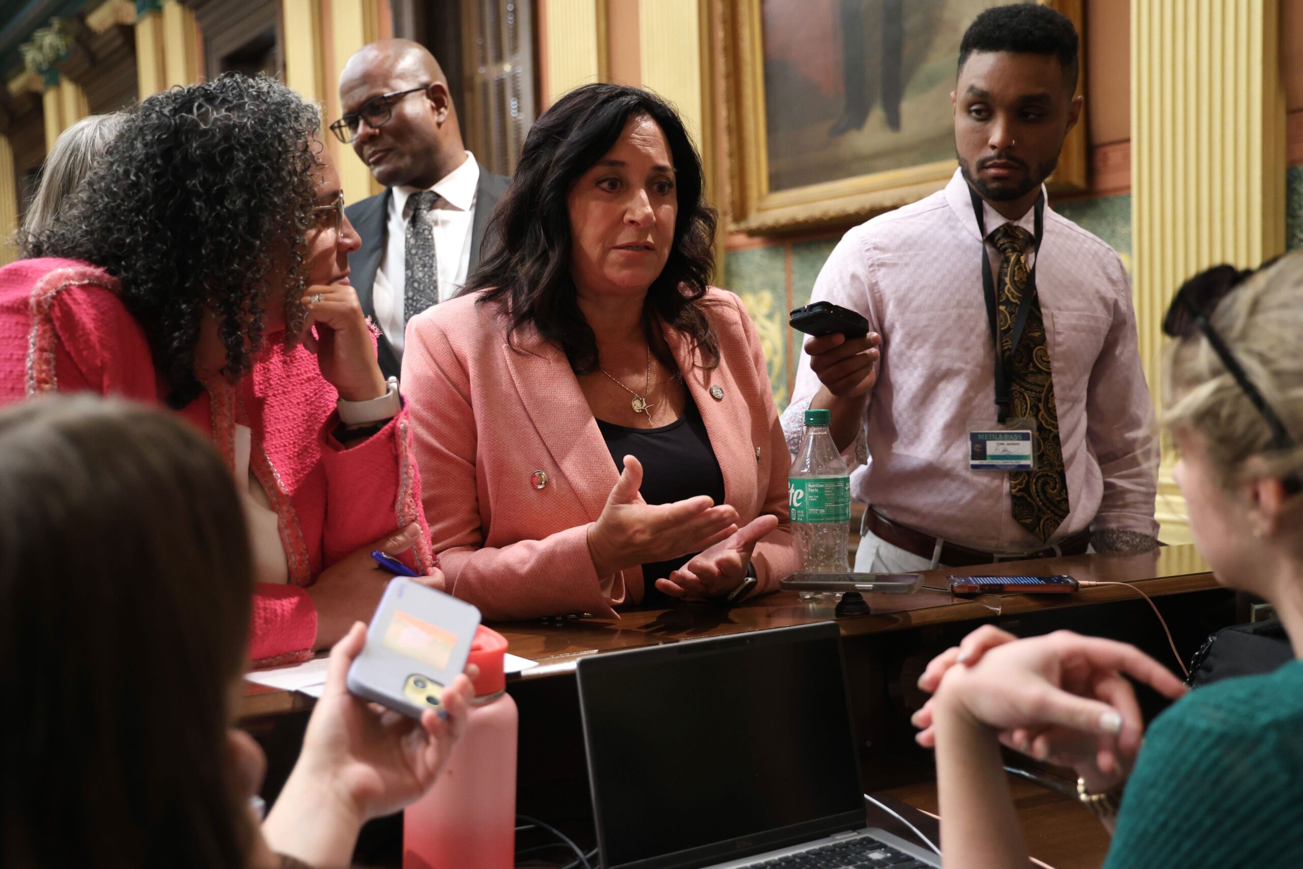 State Rep. Angela Witwer (Delta Township) speaks on the House budget to reporters at the Michigan Capitol on Wednesday, May 8, 2024.