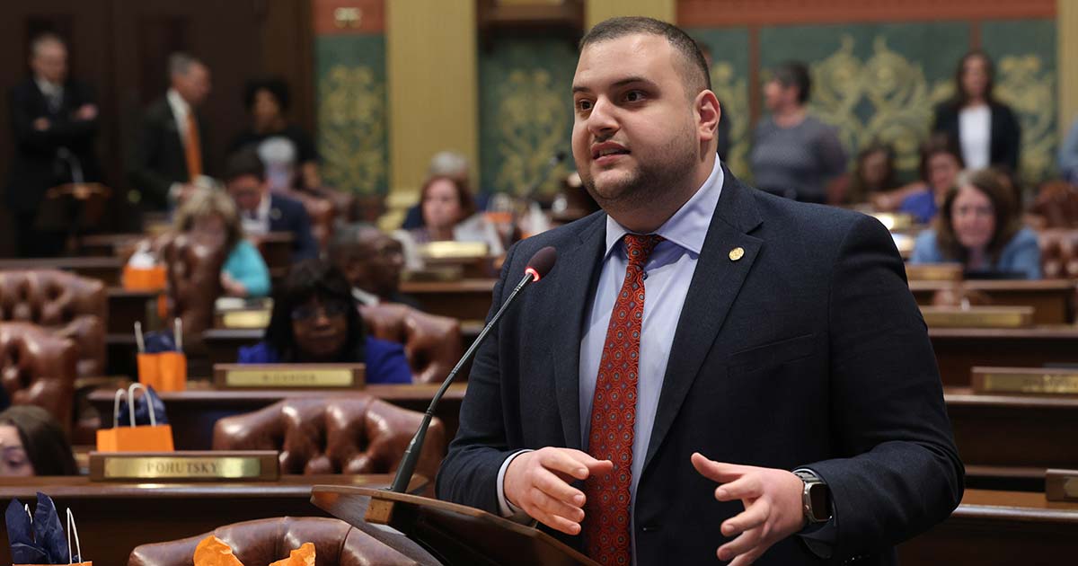 State Rep. Alabas Farhat (D-Dearborn) delivers a speech on House Bill 5183 on Wednesday, May 1, at the Michigan Capitol in Lansing.