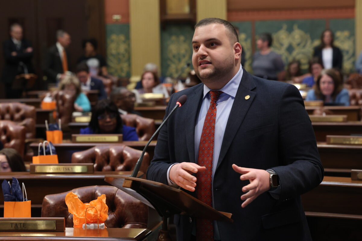Michigan State Rep. Alabas Farhat speaks to his bill on the House floor.