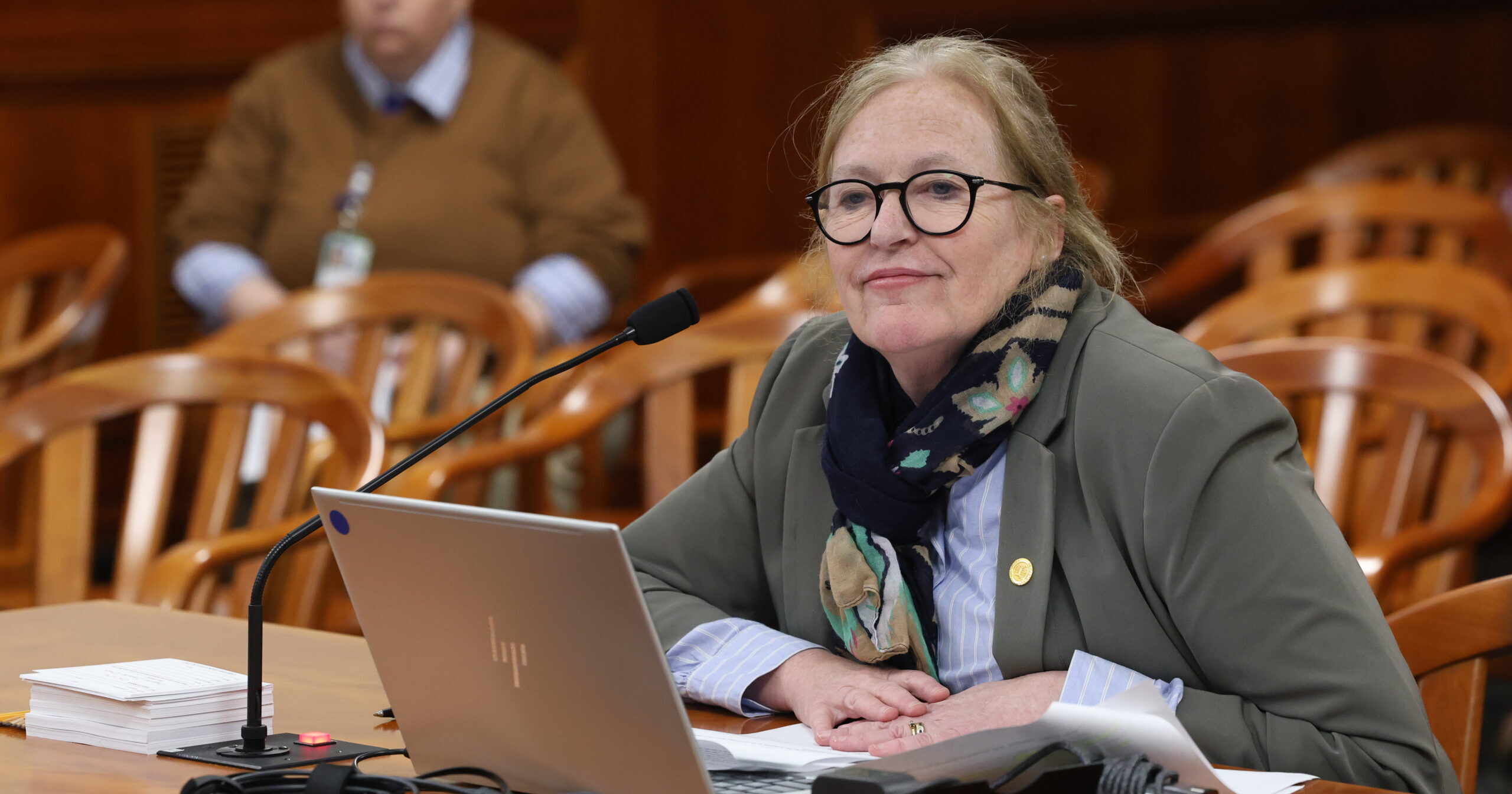 State Rep. Jennifer Conlin testifies in the House Military, Veterans and Homeland Security Committee.