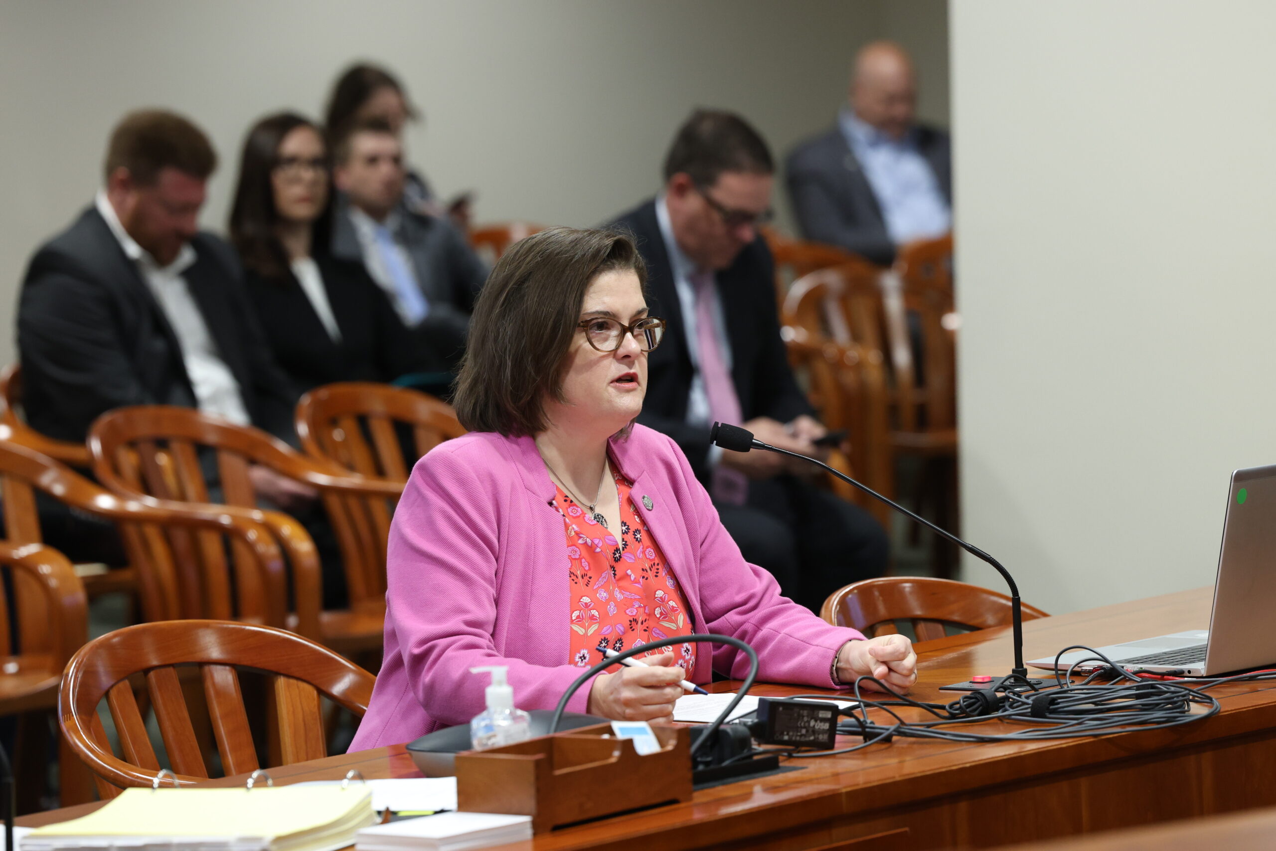 Michigan State Representative Kara Hope sits and testifies in committee.