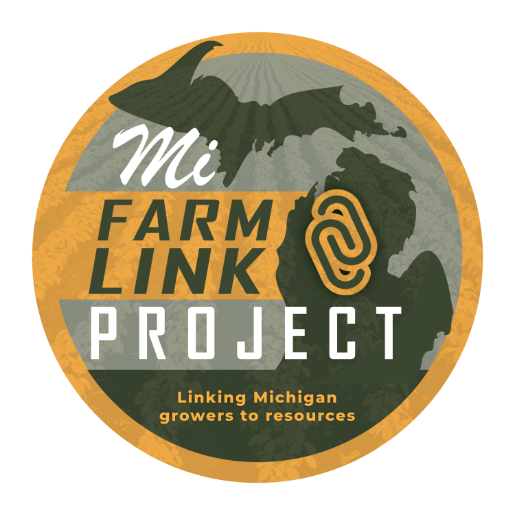 A green and yellow circular logo that reads "MIFarmLink Project, Linking Michigan growers to resources" in front of a silhouette of Michigan.