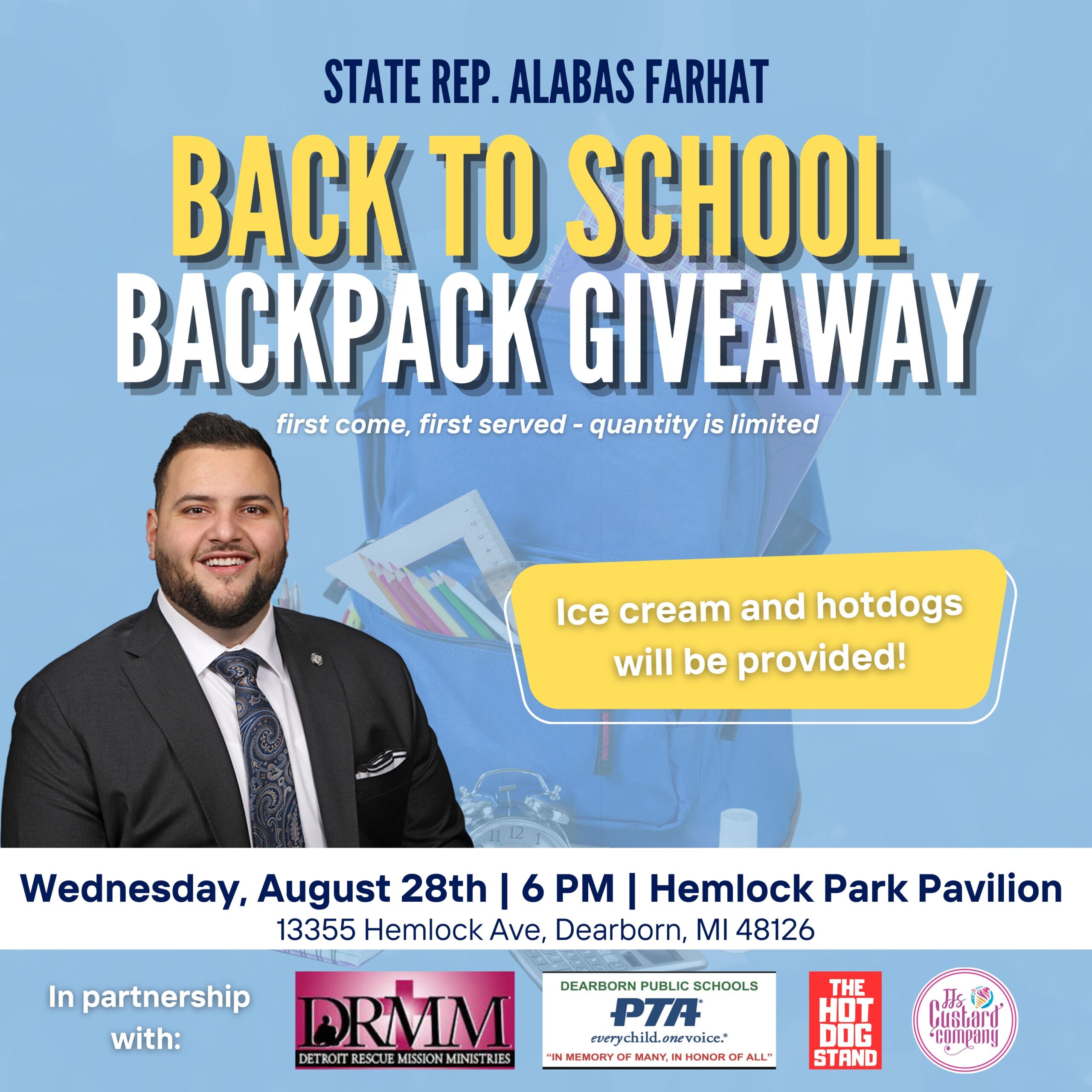 Graphic for Rep. Farhat's Back to School Backpack Giveaway