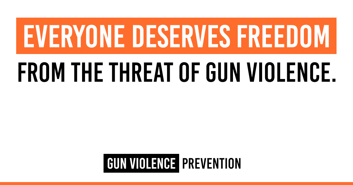 A white gun violence prevention graphic with orange accents and header text reading, "Everyone deserves freedom from the threat of gun violence."