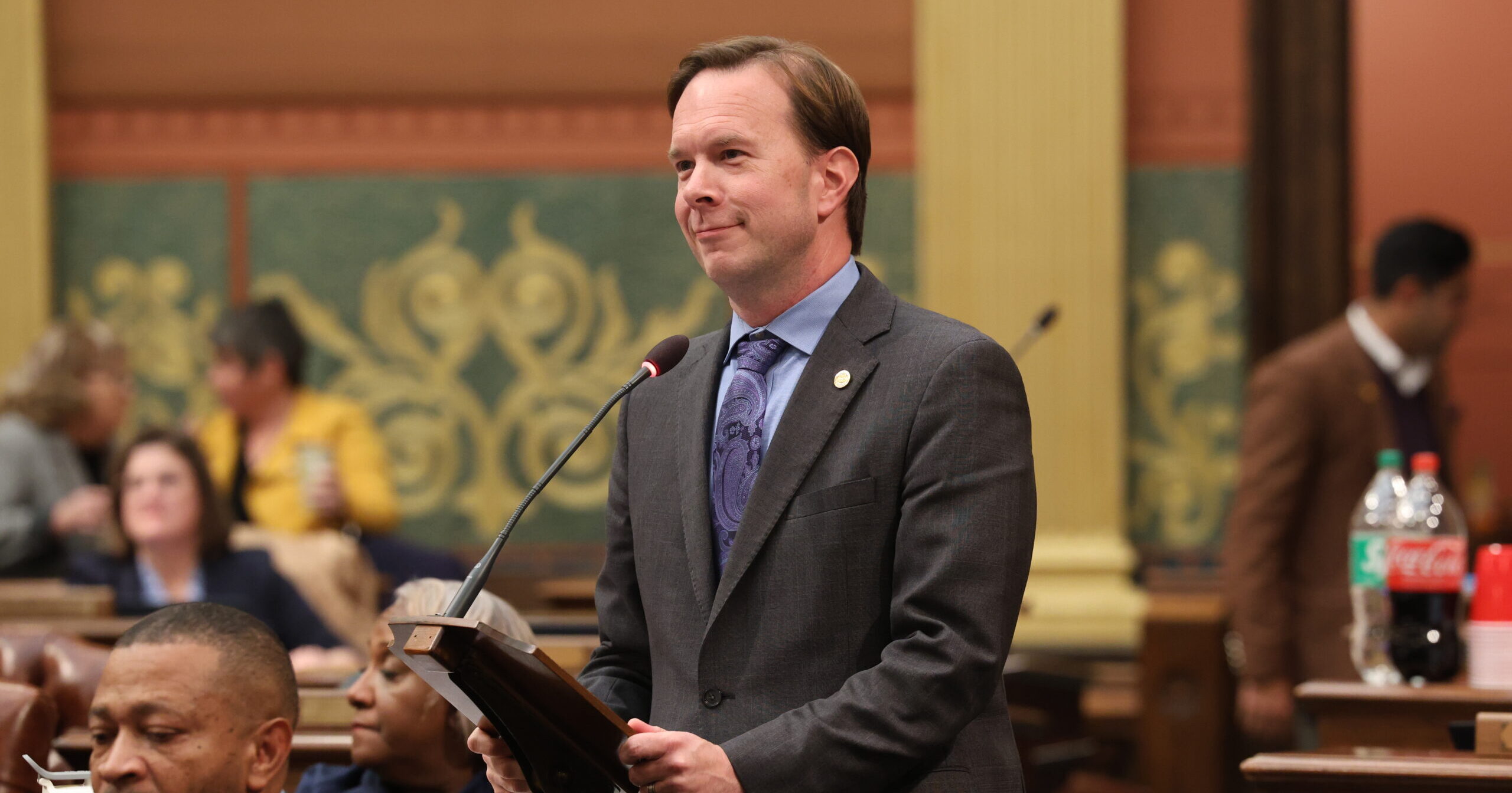 State Representative Matt Koleszar delivers a speech on the House Floor of the Michigan Capitol Building.