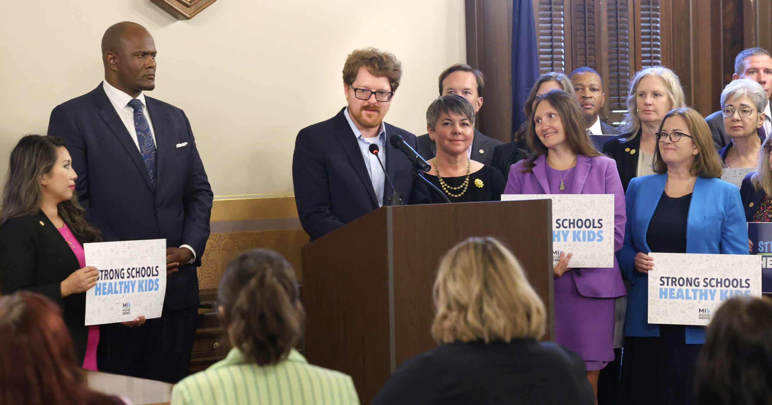 Michigan State Representative Joey Andrews speaks at the Strong Schools Healthy Kids press conference.