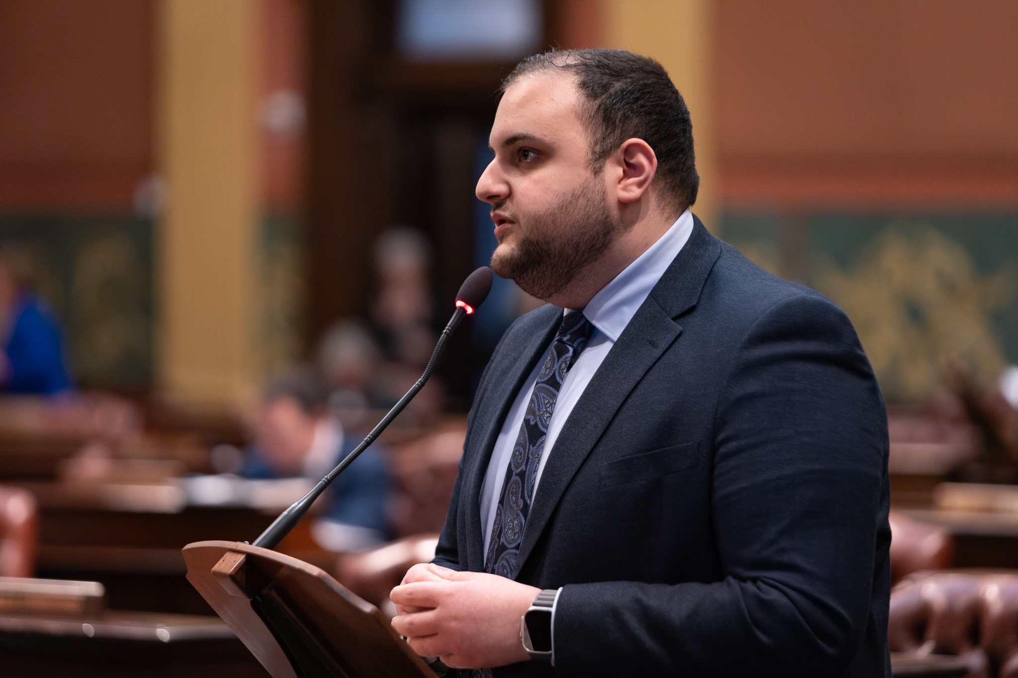 State Rep. Alabas Farhat speaking to the Arab American Heritage Month resolution on the House floor.