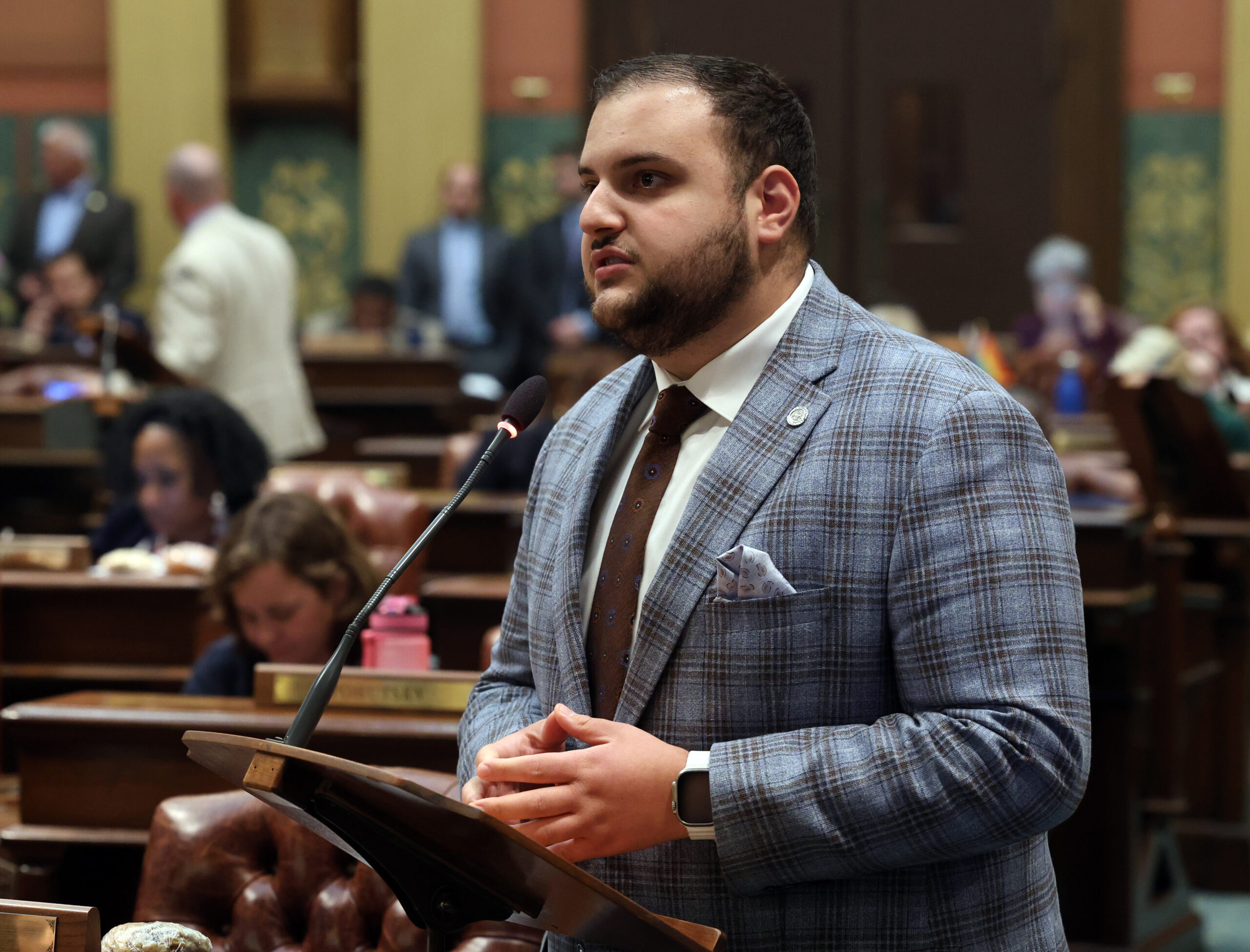 State Rep. Alabas Farhat (D-Dearborn) speaks on House Floor at the State Capitol in Lansing.