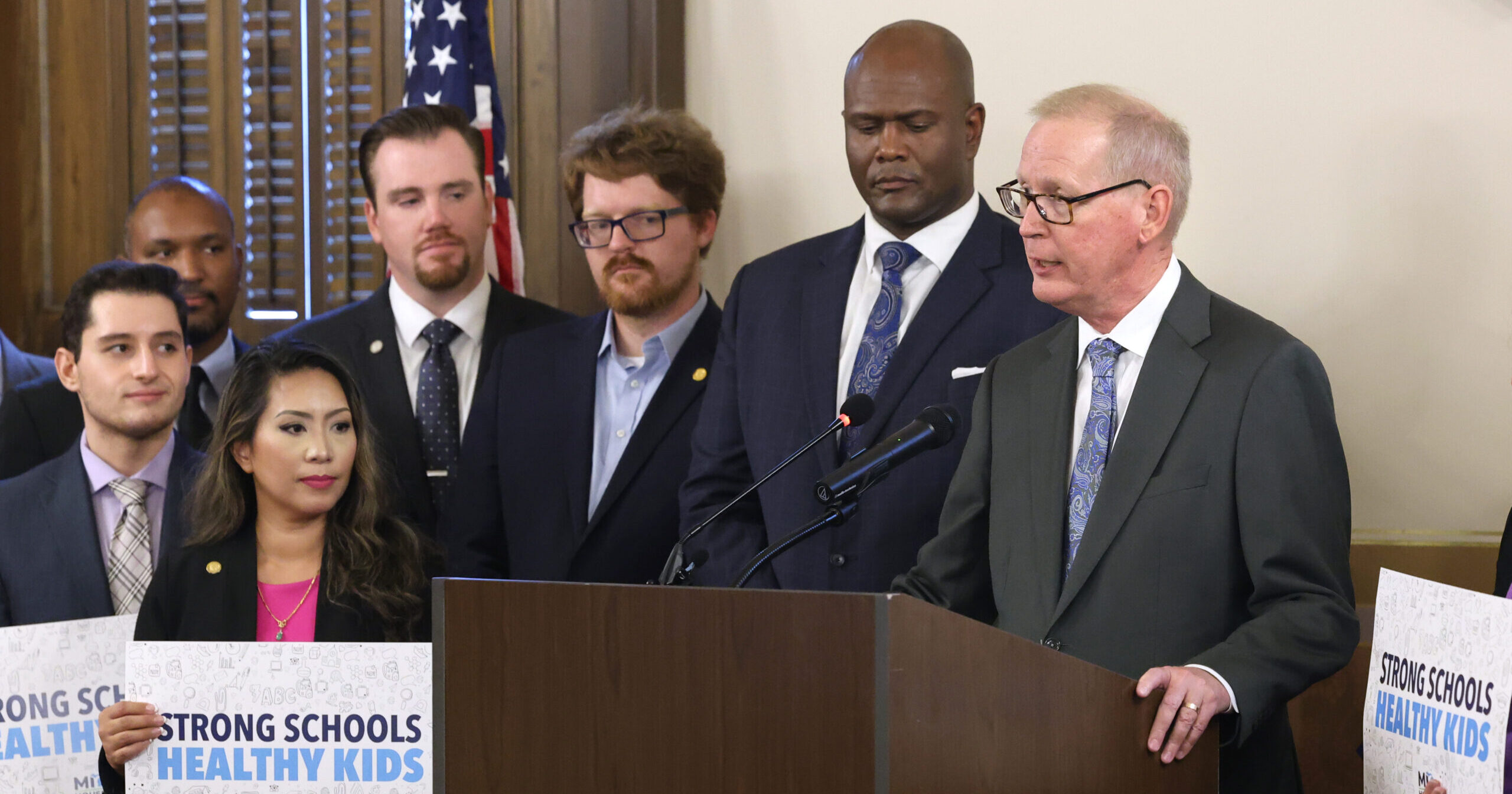 Michigan state Representative Jim Haadsma speaking at the "Strong Schools, Healthy Kids" press conference in the Michigan Capitol Building.