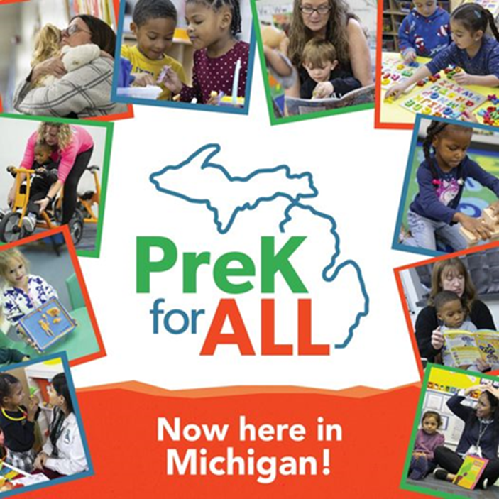 A green and red graphic reading "PreK for All" in front of a blue outline of Michigan. Pictures of young students learning at PreK are spread along the border of the graphic. Along the bottom the graphic reads "Now here in Michigan!"