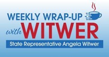 Blue and red banner reading "Weekly Wrap-Up with Witwer, State Representative Angela Witwer" next to a graphic of a cup of coffee.