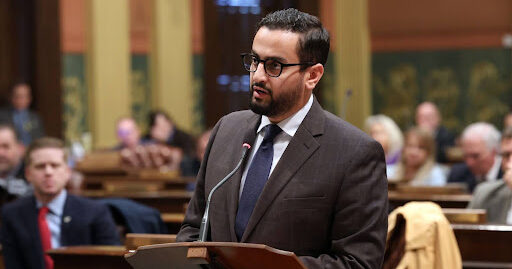 Majority Floor Leader Abraham Aiyash speaking on the House floor at the Capitol in Lansing.