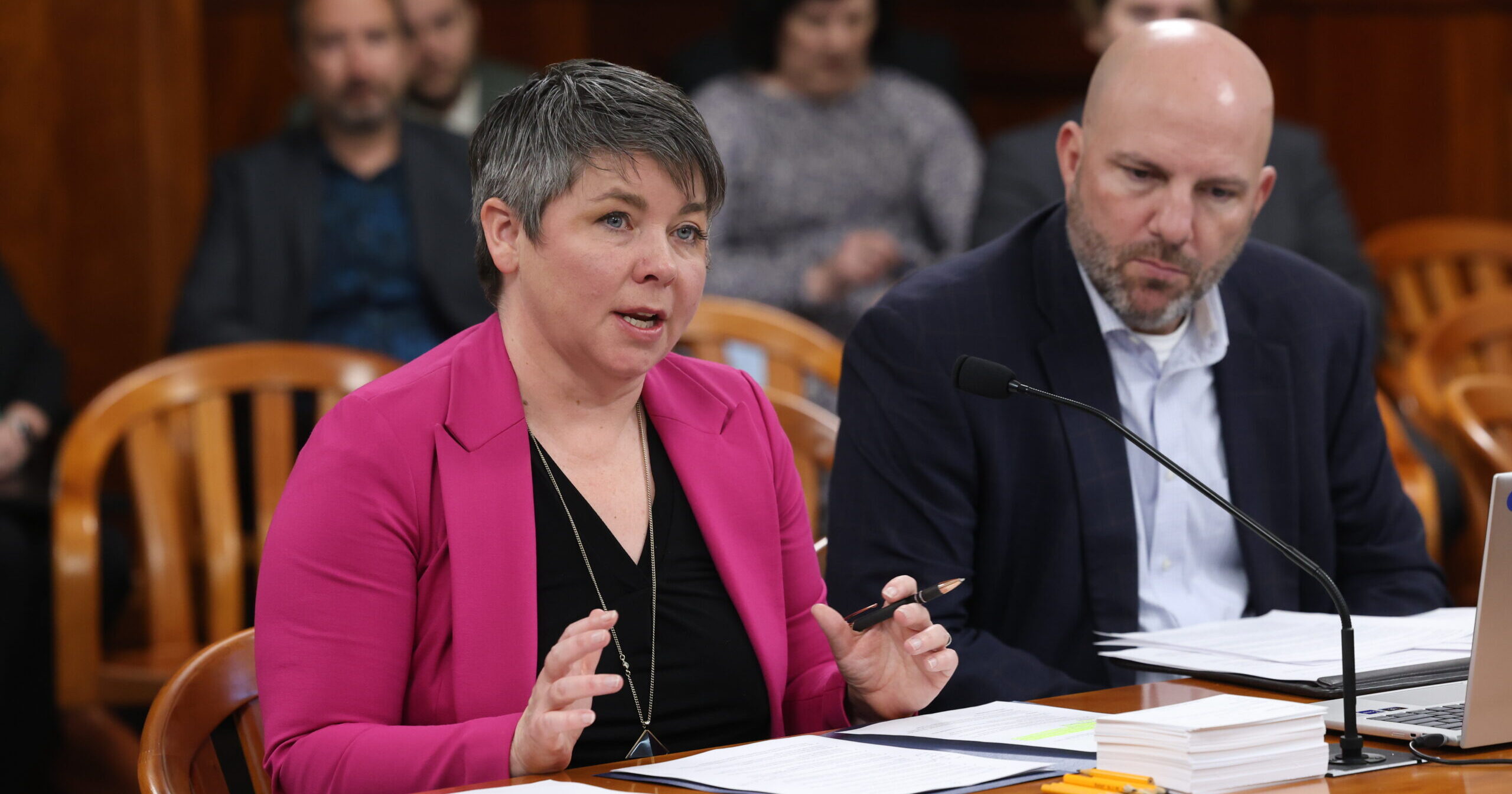 Michigan State Representative Betsy Coffia testifying in committee on March 5, 2024.