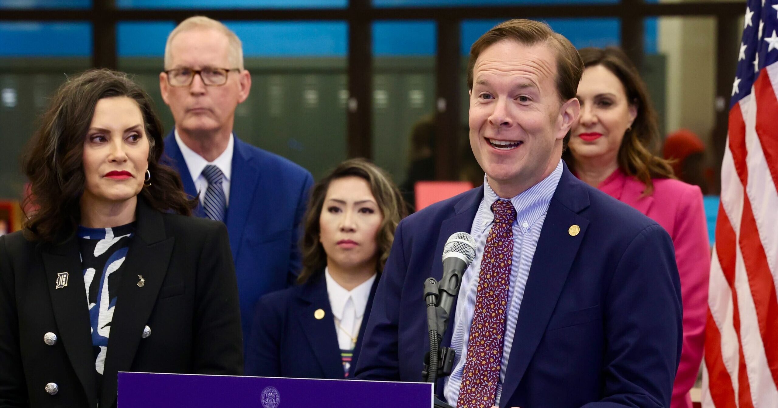 State Representative Matt Koleszar speaks at a press conference for the school supplemental and literacy bill signings.