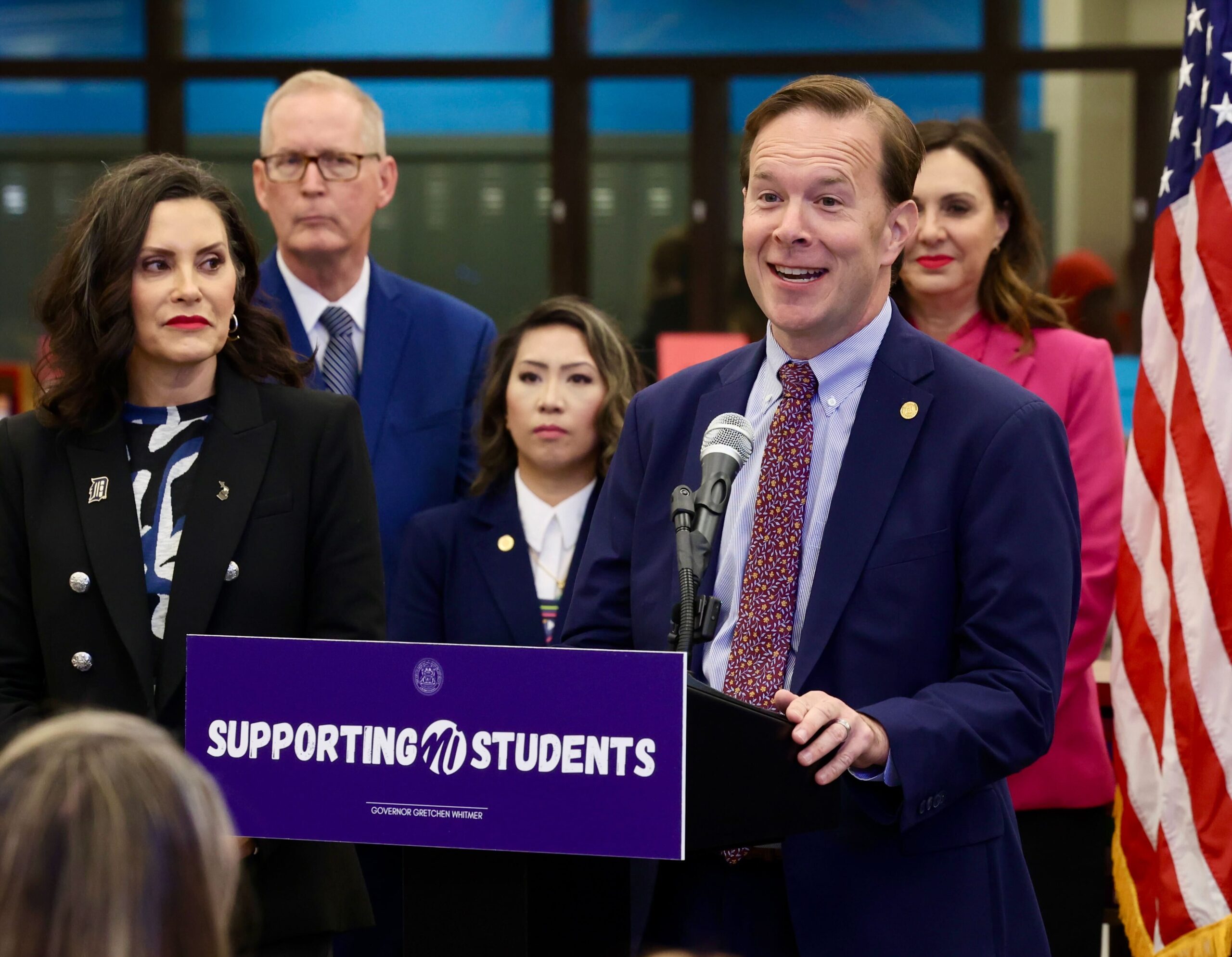 State Representative Matt Koleszar speaks at a press conference for the school supplemental and literacy bill signings.