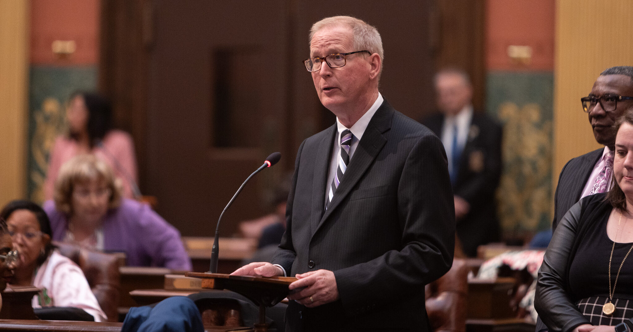 Michigan state Representative Jim Haadsma delivers a speech on the House Floor in the State Capitol Building.