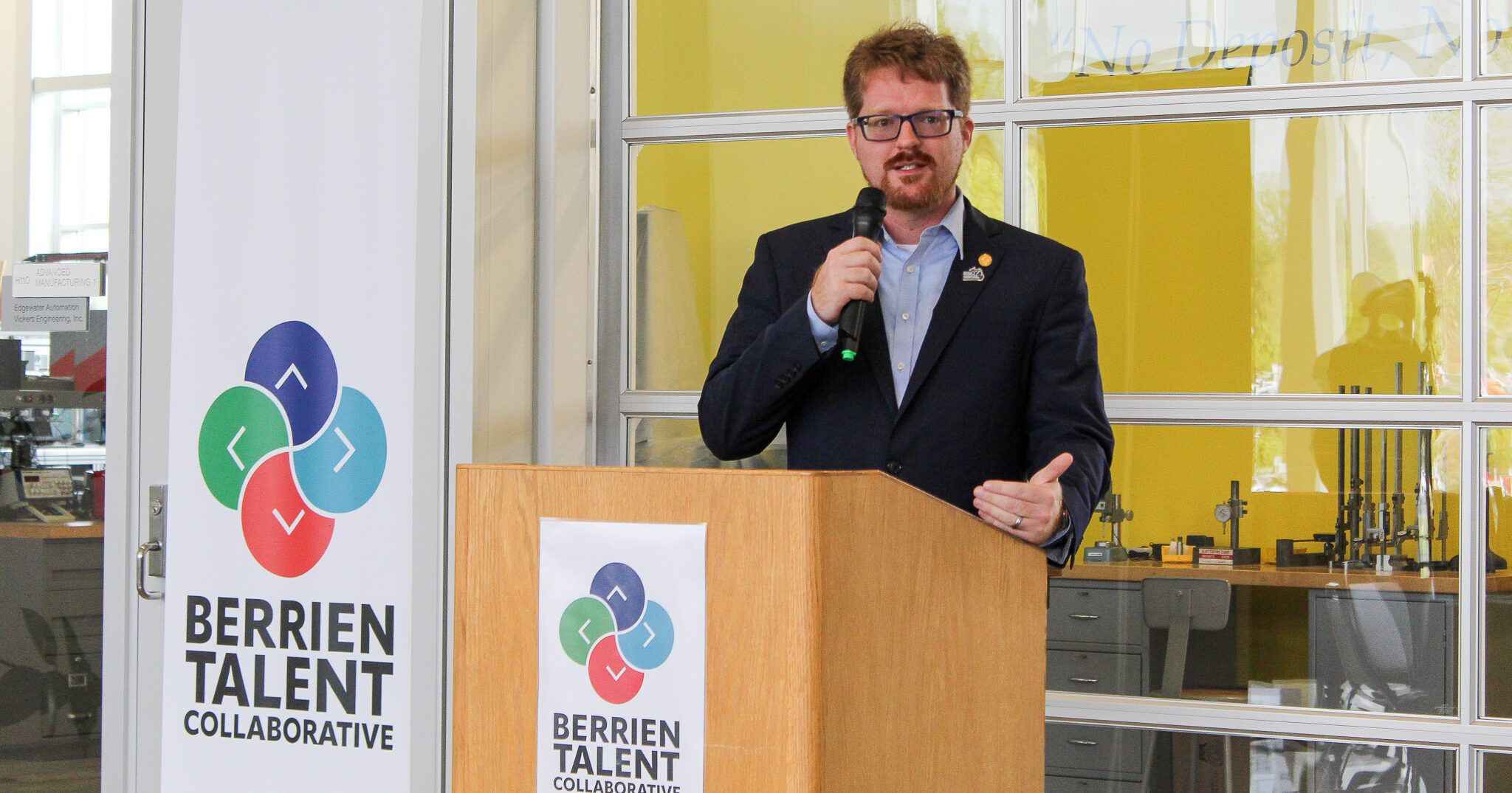 Michigan State Representative Joey Andrews speaks at the ribbon cutting for the Berrien Talent Collaborative.