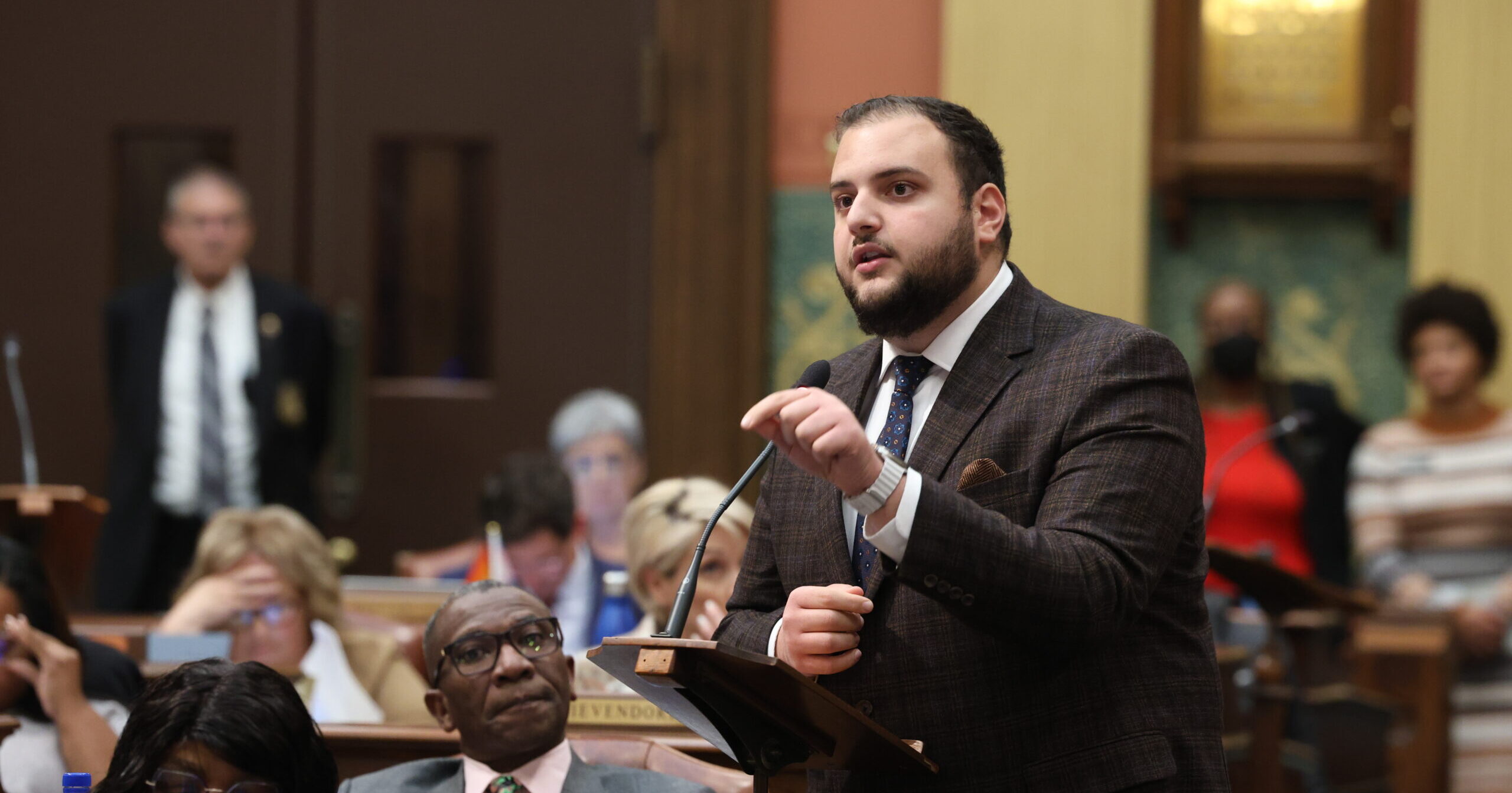 State Representative Alabas Farhat delivers a speech on the House Floor in the State Capitol Building.