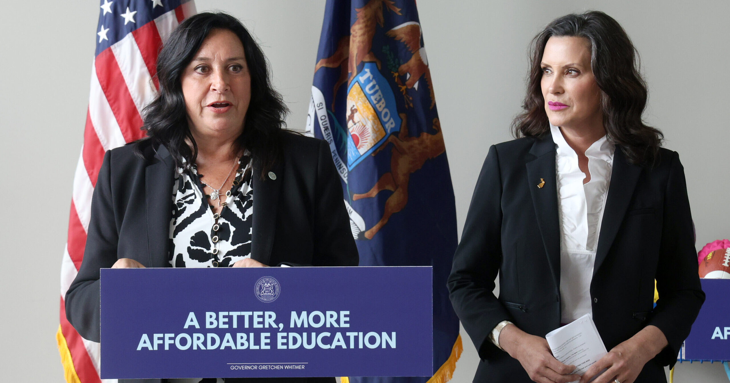 State Rep. Angela Witwer speaks at the 2024-25 education budget signing alongside Gov. Gretchen Whitmer.