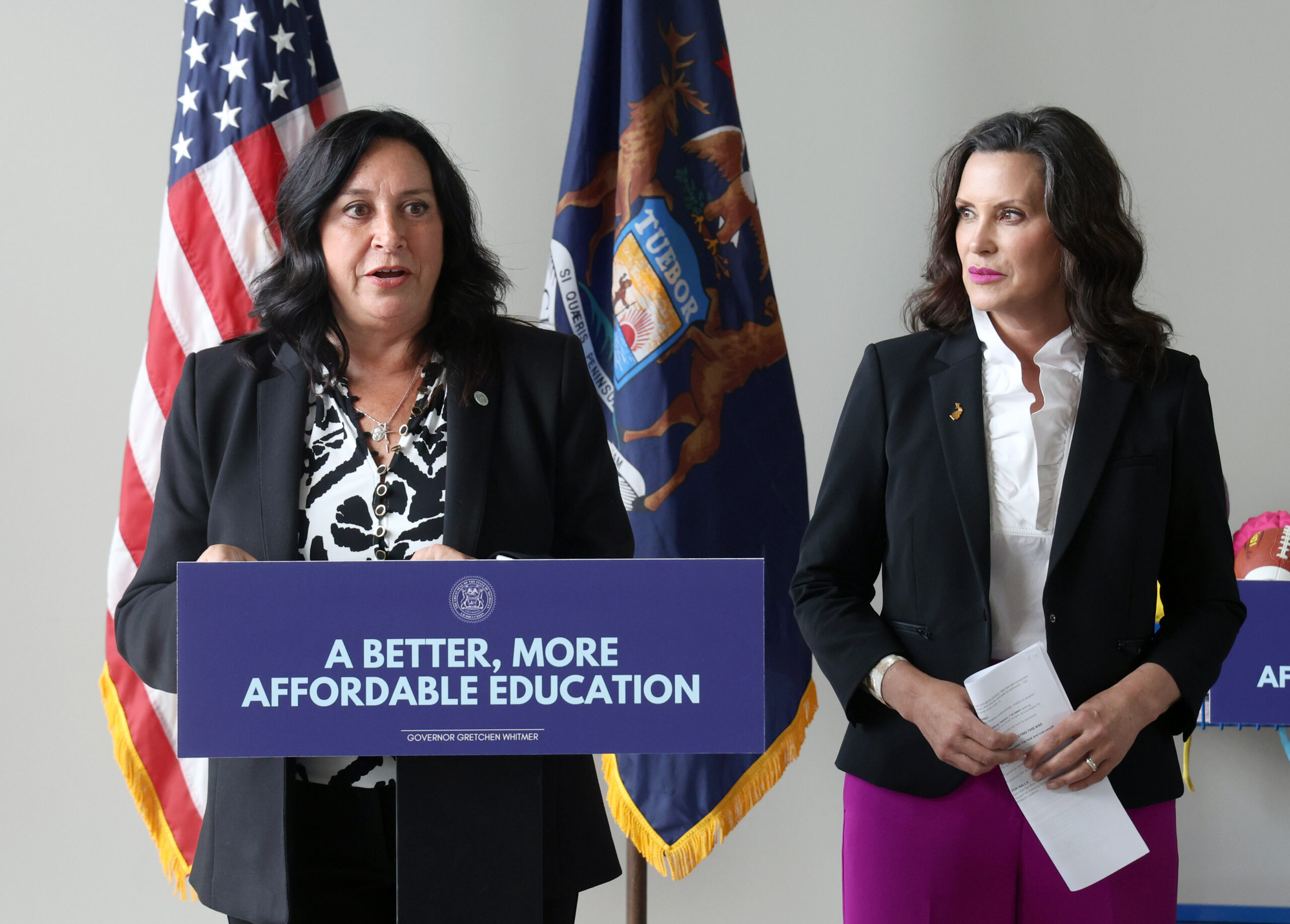 State Rep. Angela Witwer speaks at the 2024-25 education budget signing alongside Gov. Gretchen Whitmer.