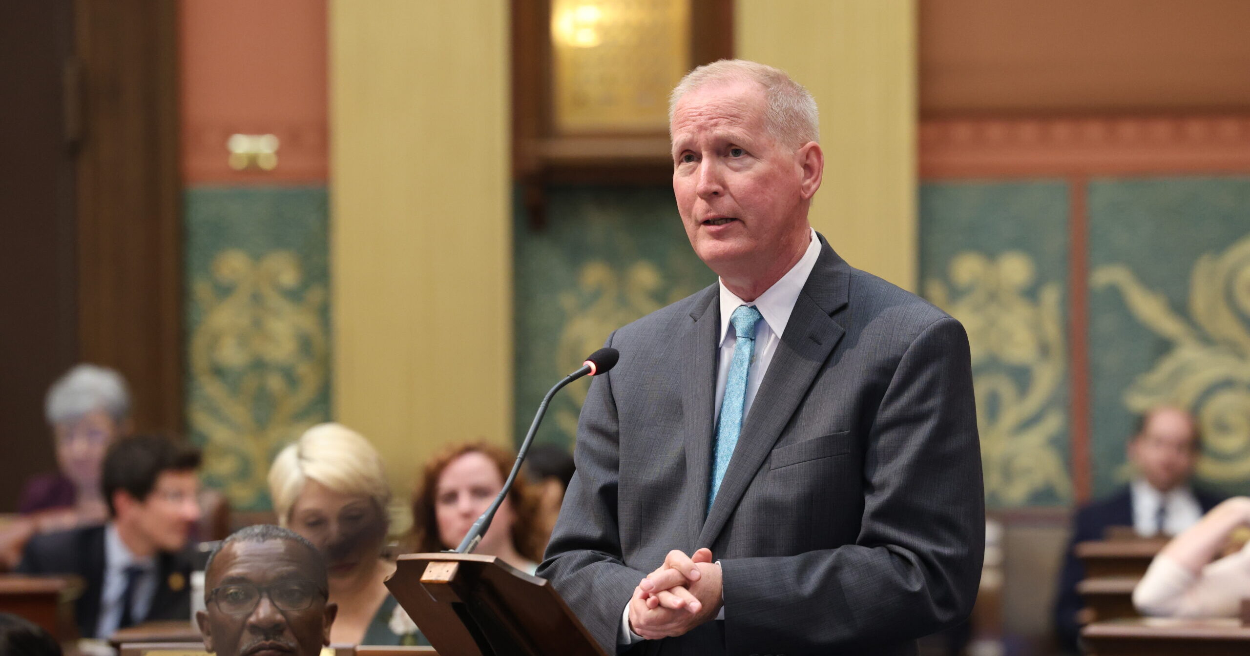 Michigan State Representative Jim Haadsma standing on the House Floor to deliver a speech.