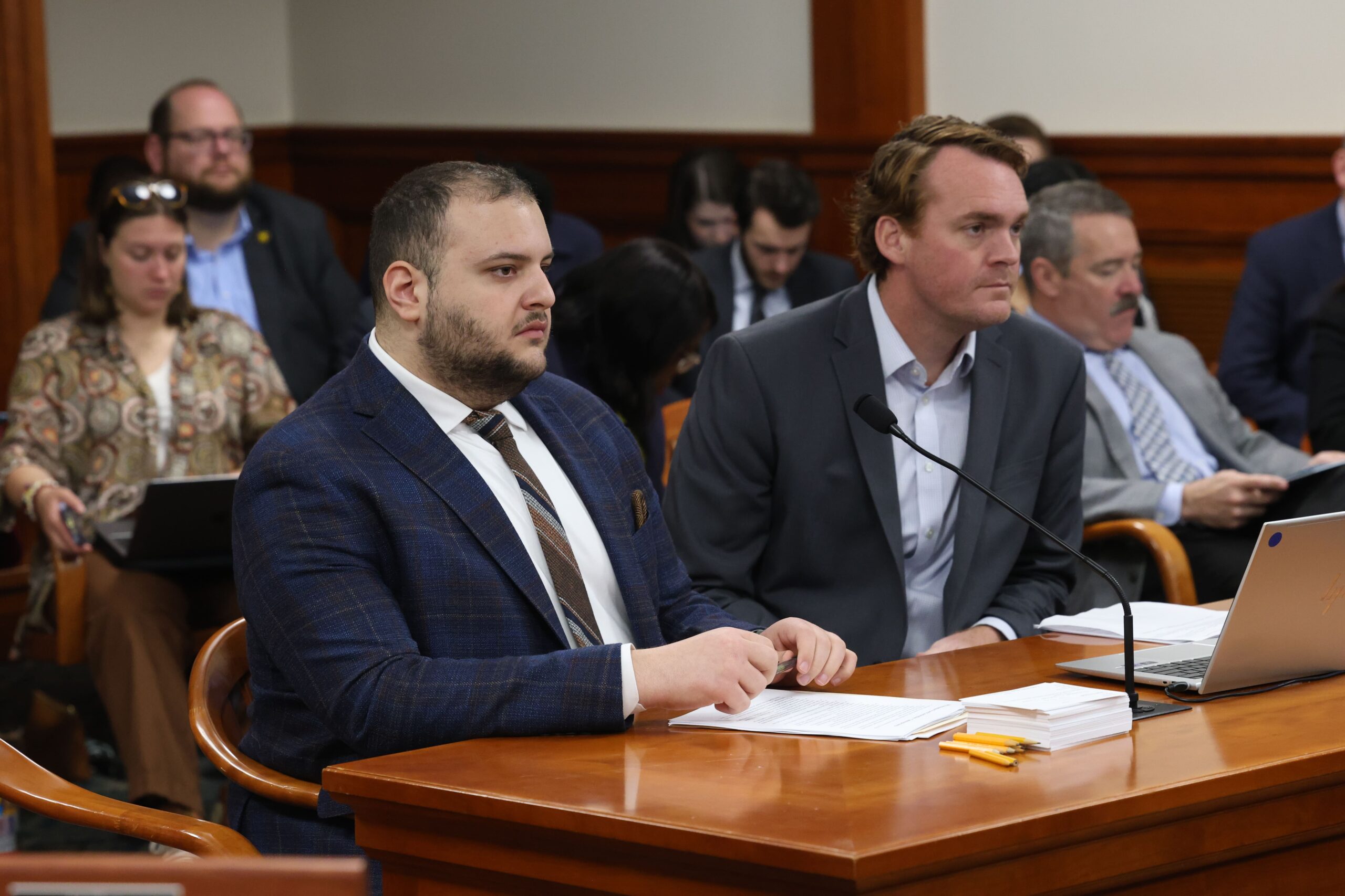 State Rep. Alabas Farhat testifying in committee at the Anderson House Office Building in Lansing. 