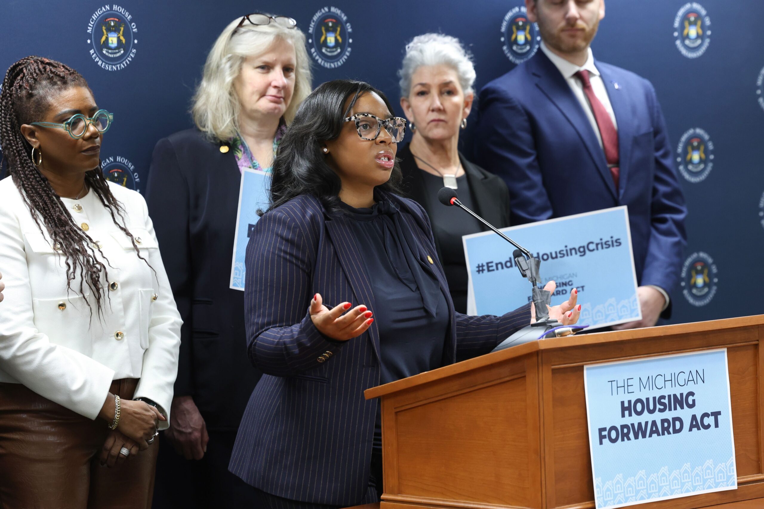 State Rep. Kristian Grant (D-Grand Rapids) speaks to the press on her housing reform package on Nov. 14, 2024, at the House Office Building in Lansing.