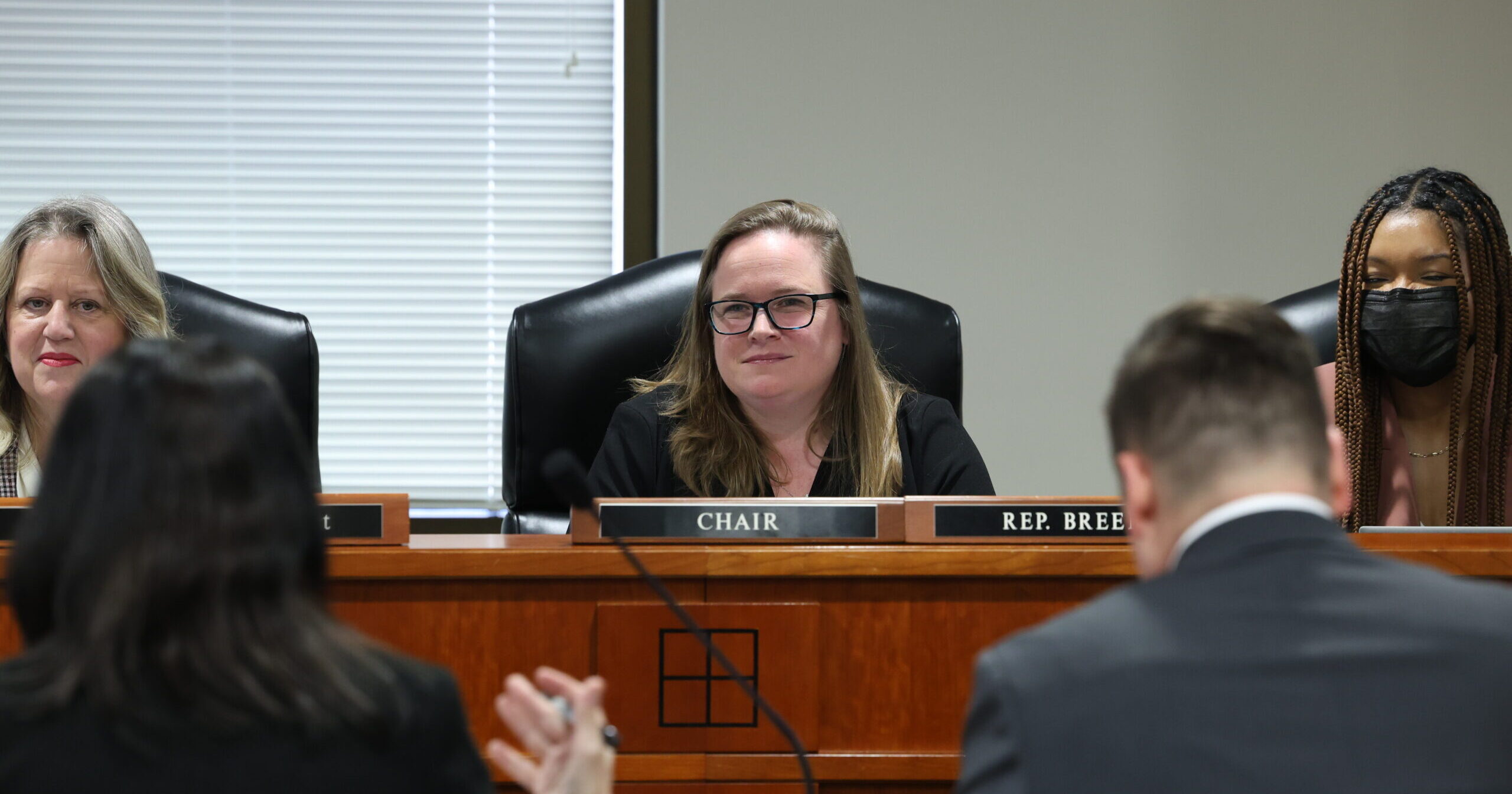 Michigan State Representative Kelly Breen sitting on a committee between two other colleagues.