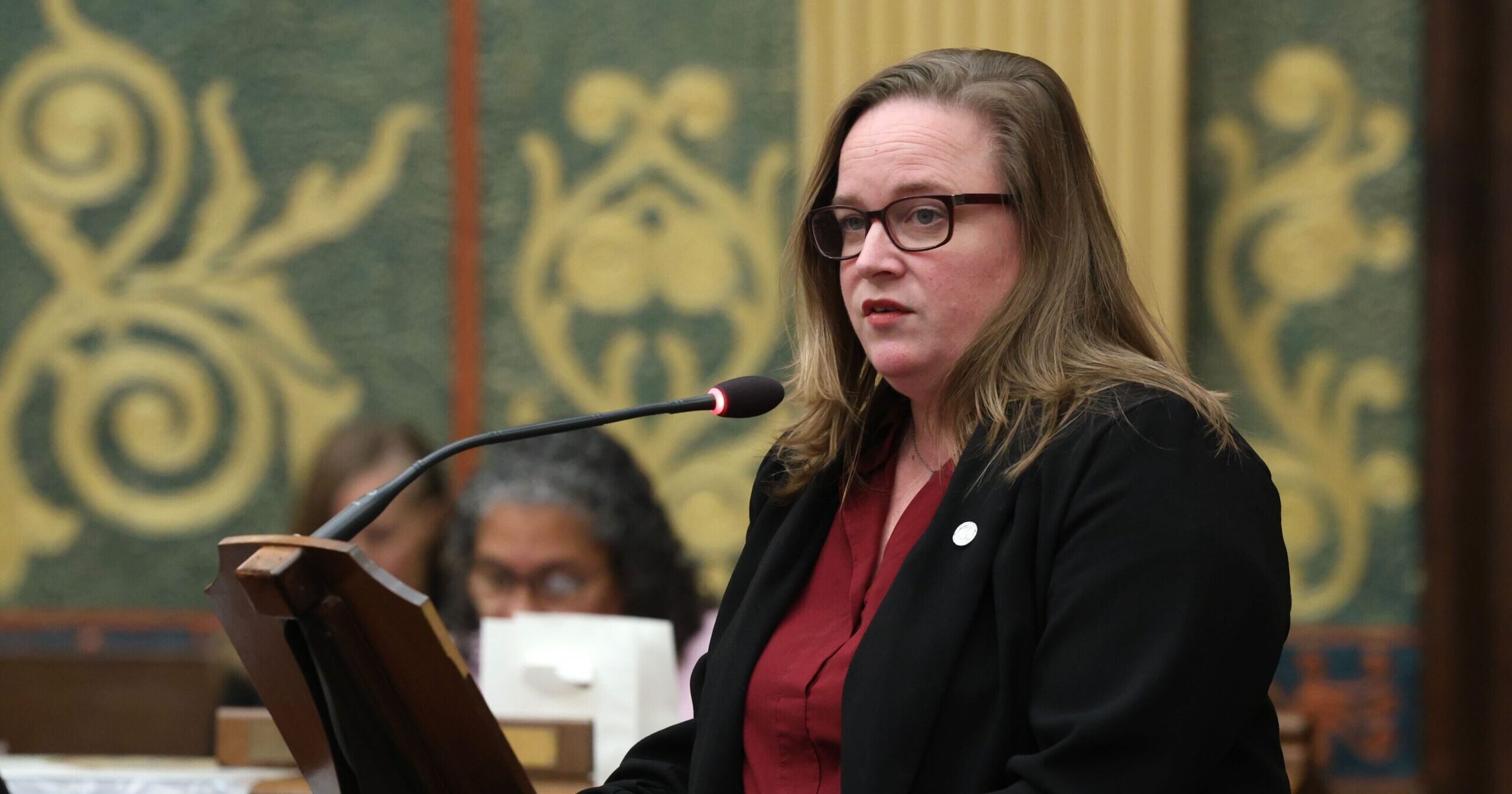 Michigan State Representative Kelly Breen speaking behind a podium on the House Floor.