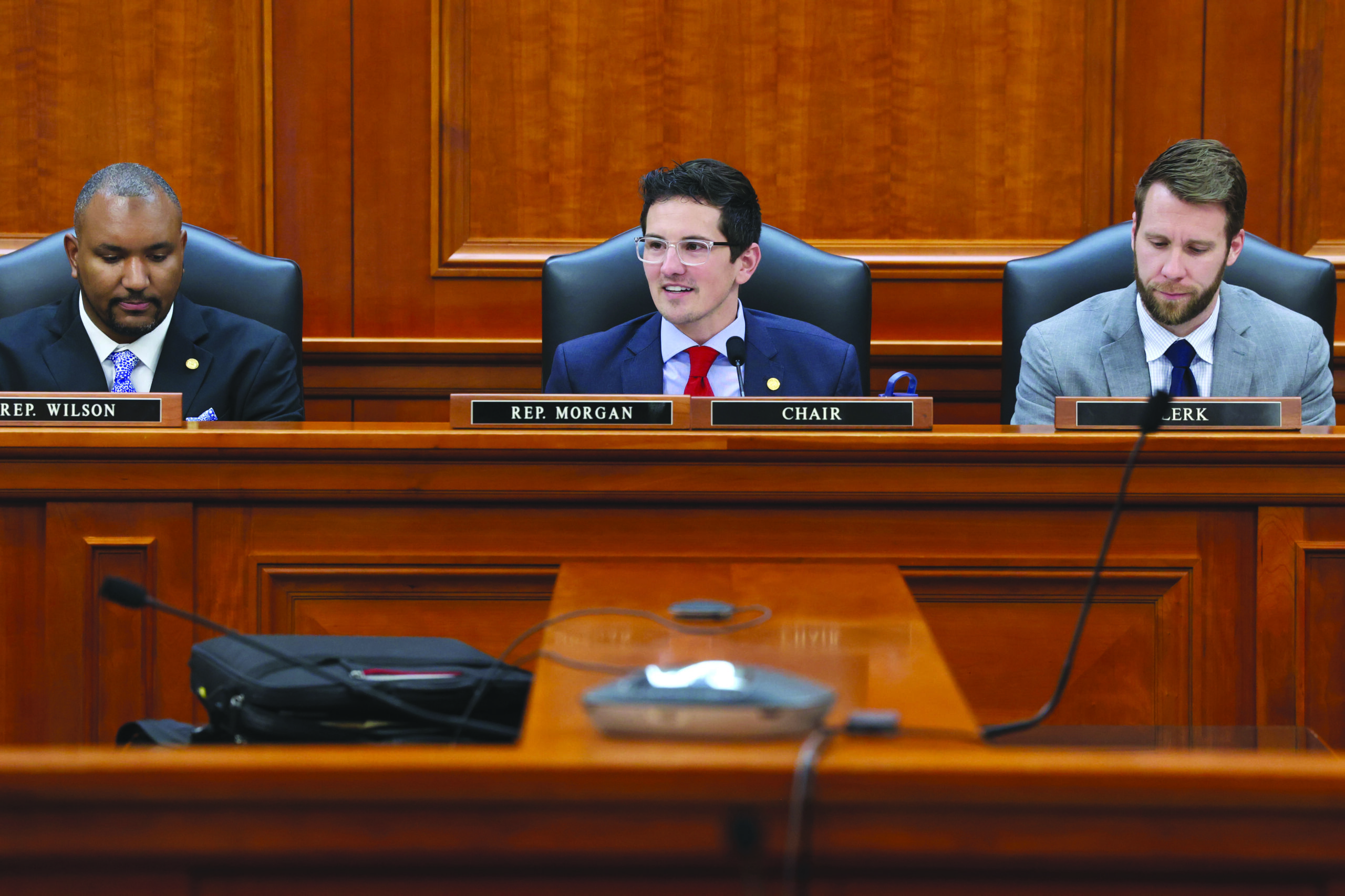 State Rep. Jason Morgan chairing a House committee in the Anderson House Office Building in Lansing.