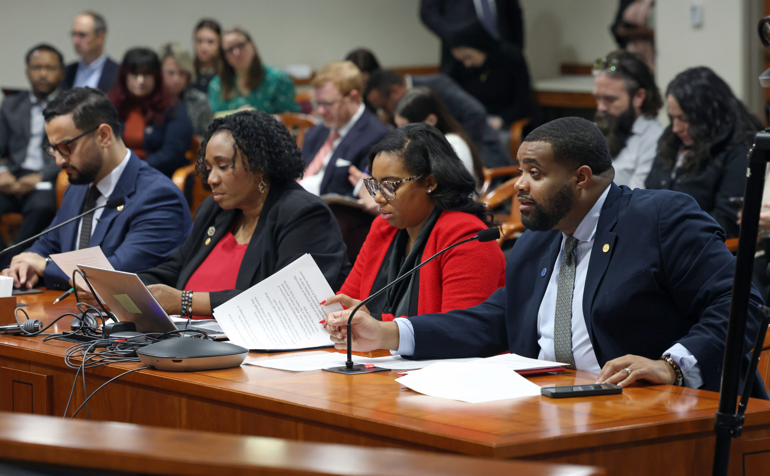 Majority Floor Leader Abraham Aiyash and Reps. Stephanie A. Young, Kristian Grant and Donavan McKinney testifying in the House Criminal Justice Committee on Tuesday, Dec. 10 at the Anderson House Office Building in Lansing.