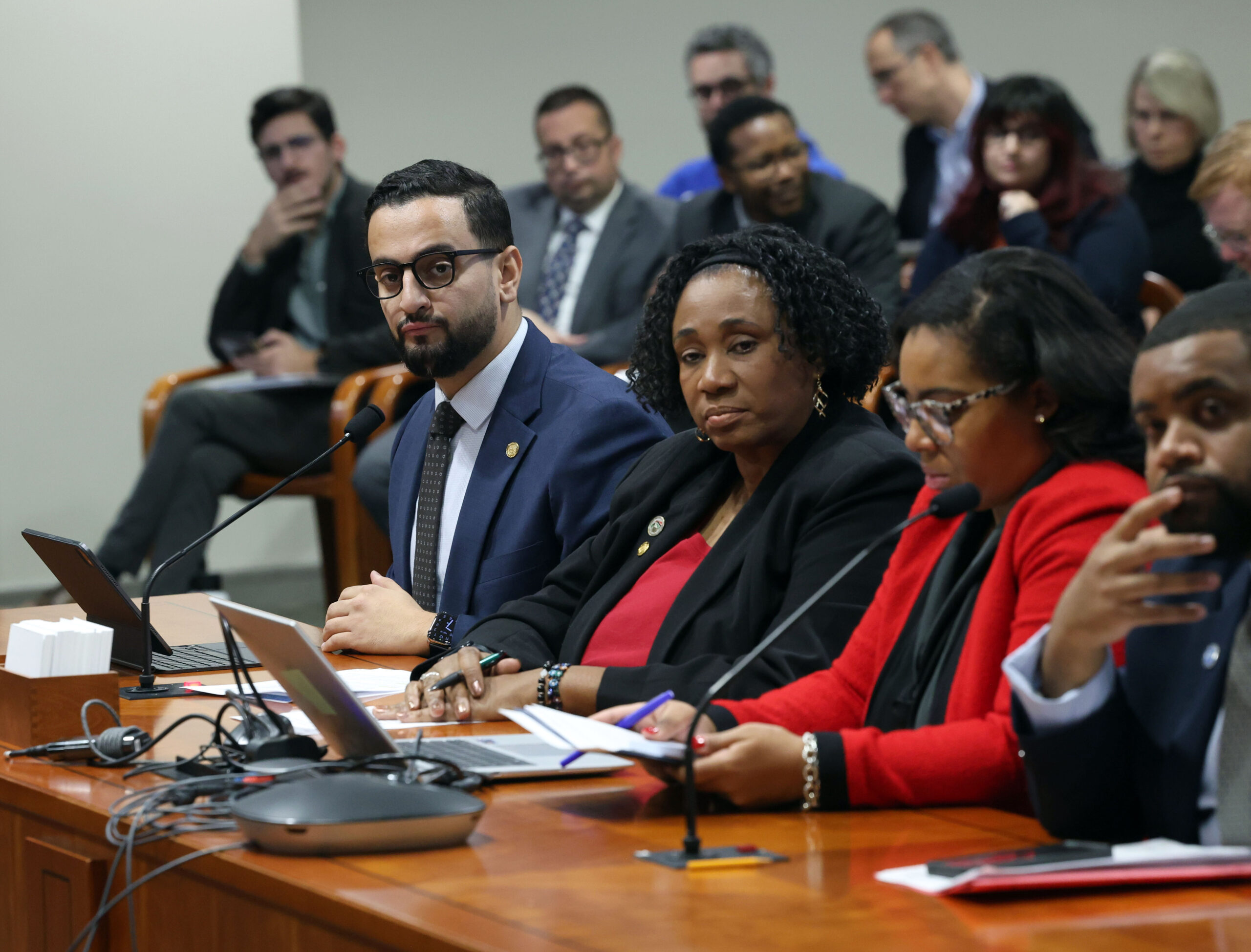 Majority Floor Leader Abraham Aiyash and Reps. Stephanie A. Young, Kristian Grant and Donavan McKinney testifying in the House Criminal Justice Committee on Tuesday, Dec. 10 at the Anderson House Office Building in Lansing.