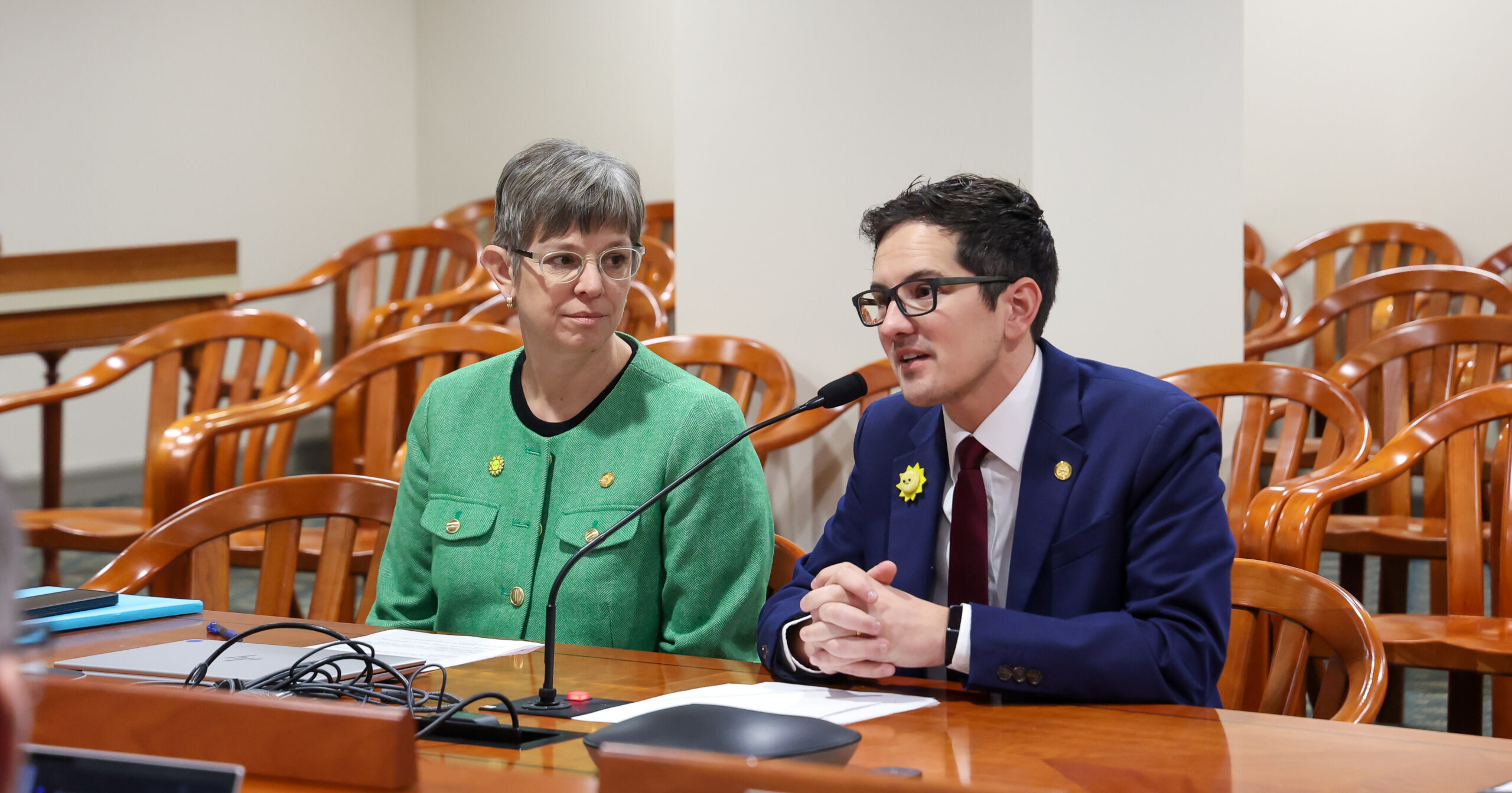 Michigan State Representatives Jason Morgan and Julie Brixie testifies in the House Ethics and Oversight Committee.