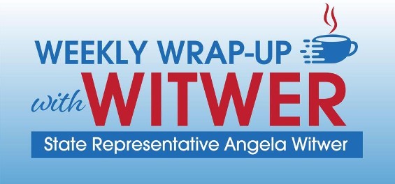 A blue and red graphic that reads "Weekly Wrap-Up with Witwer" next to a cartoon coffee mug. Along the bottom of the graphic, it reads "State Representative Angela Witwer."