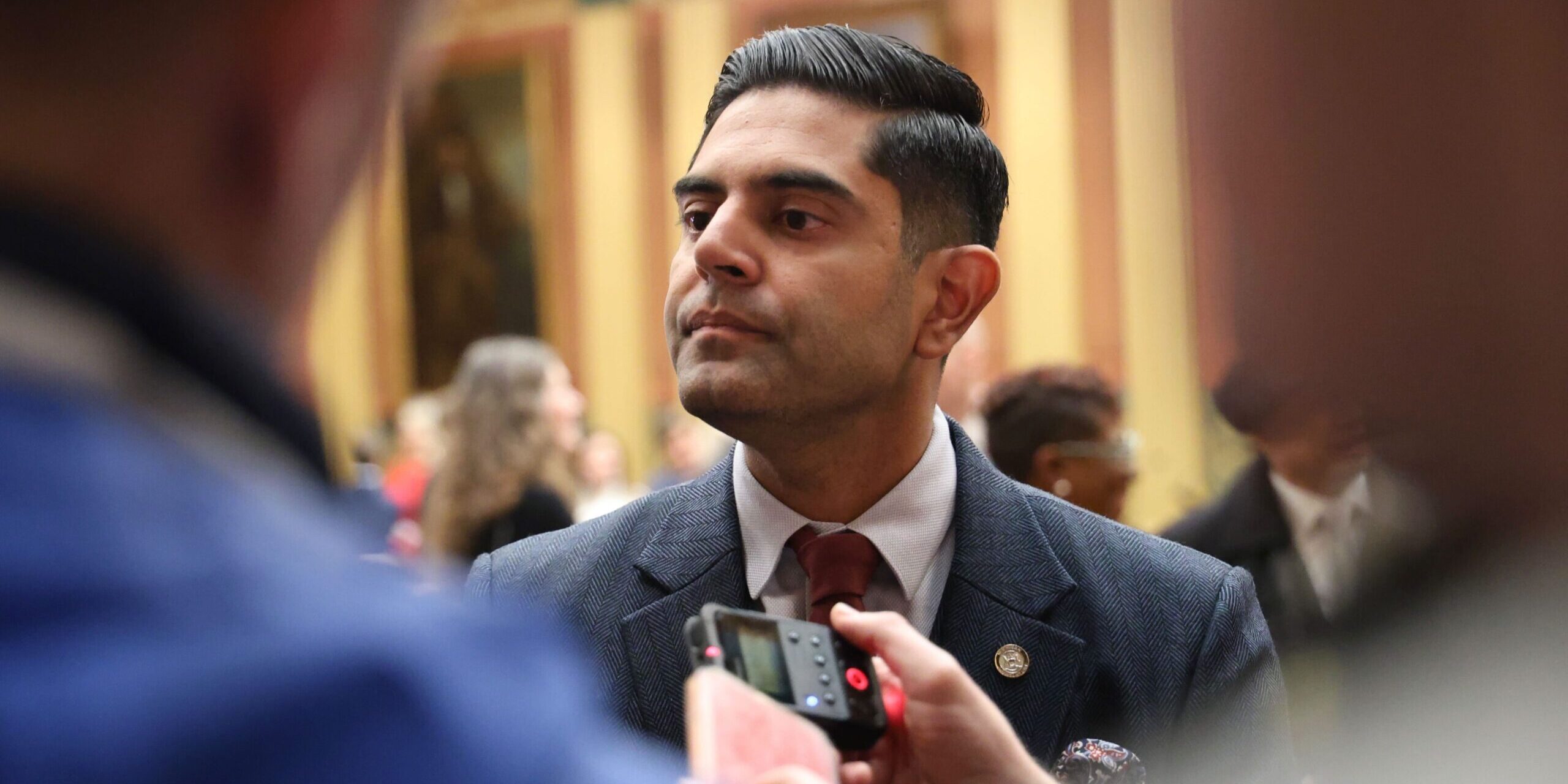 Michigan State Rep. and Democratic leader Ranjeev Puri speaks to the press.