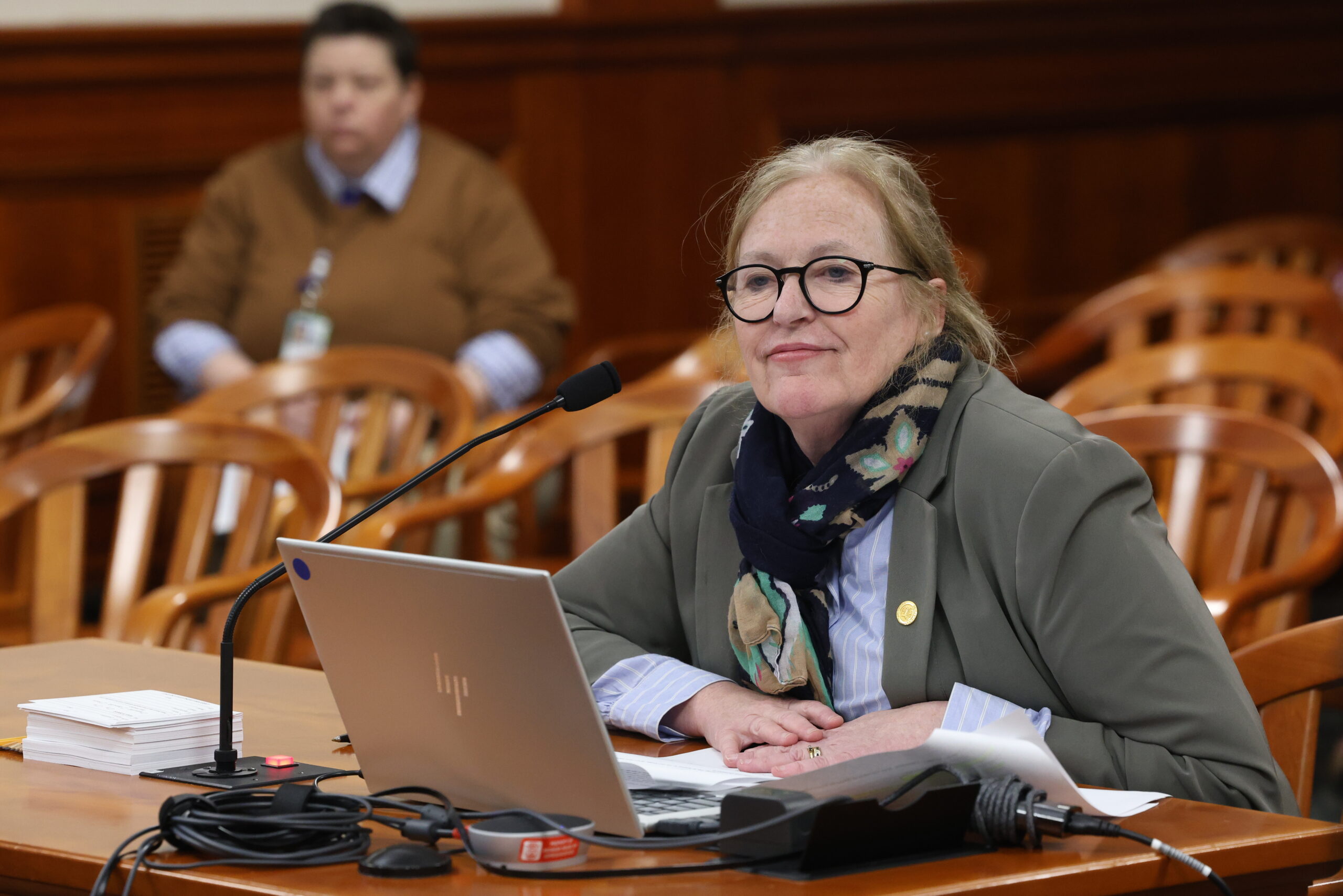 State Rep. Jennifer Conlin testifying in a committee.