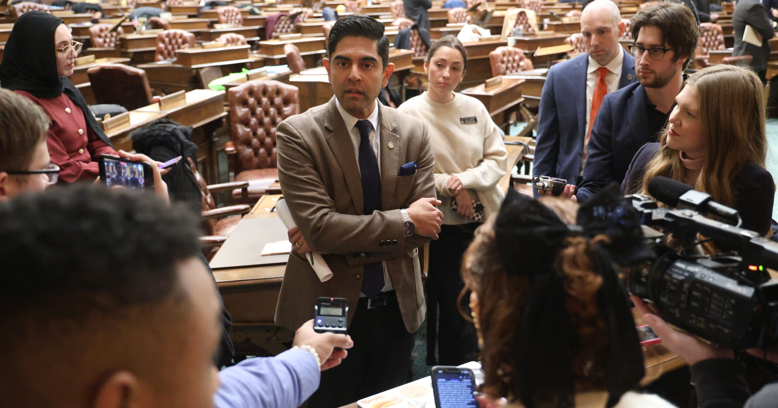 Michigan House Representative Leader Puri speaks to press.