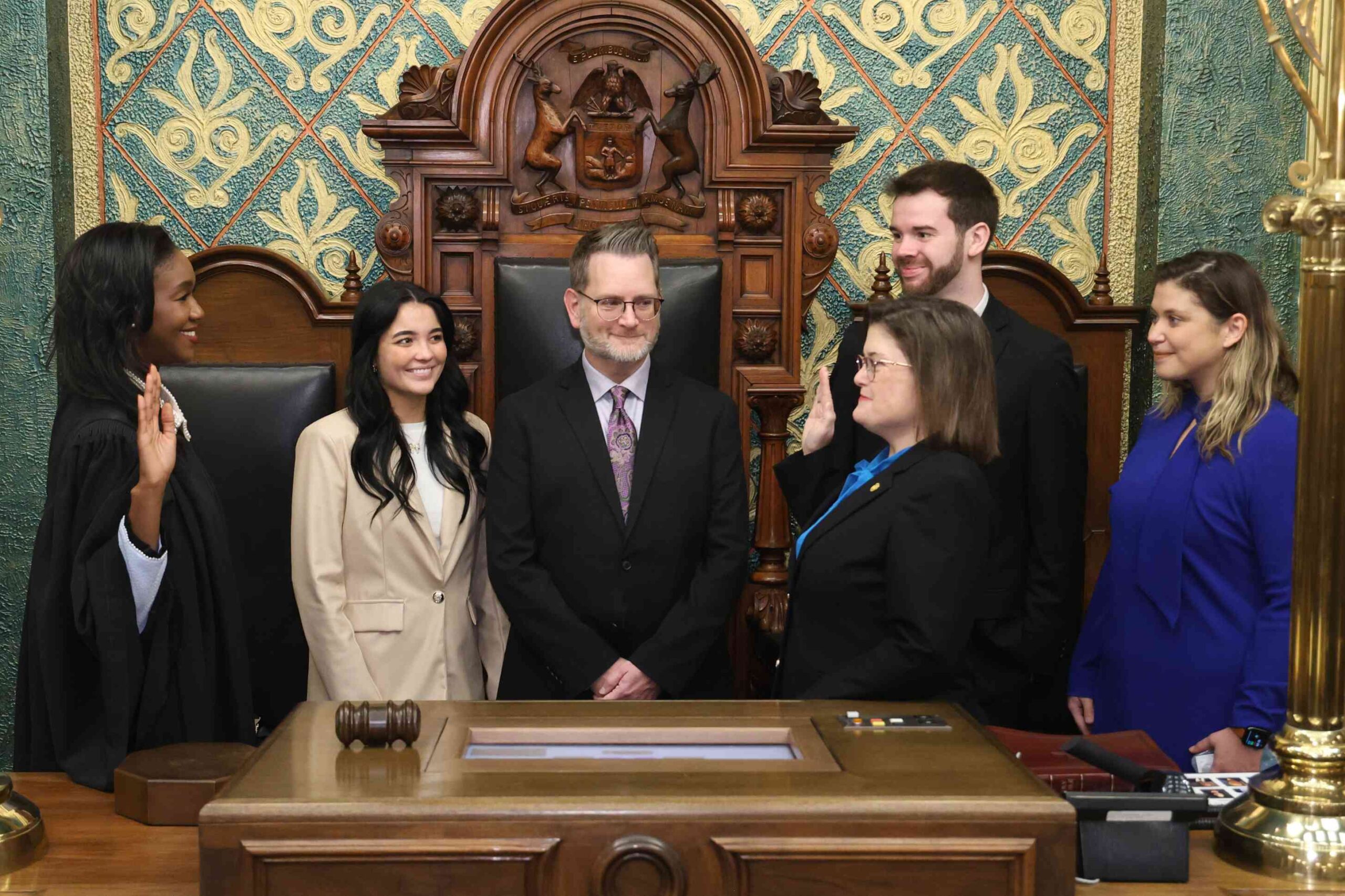 Michigan State Representative Kara Hope is ceremoniously sworn in to the 103rd Michigan Legislature by Michigan Supreme Court Justice Kyra Harris Bolden.