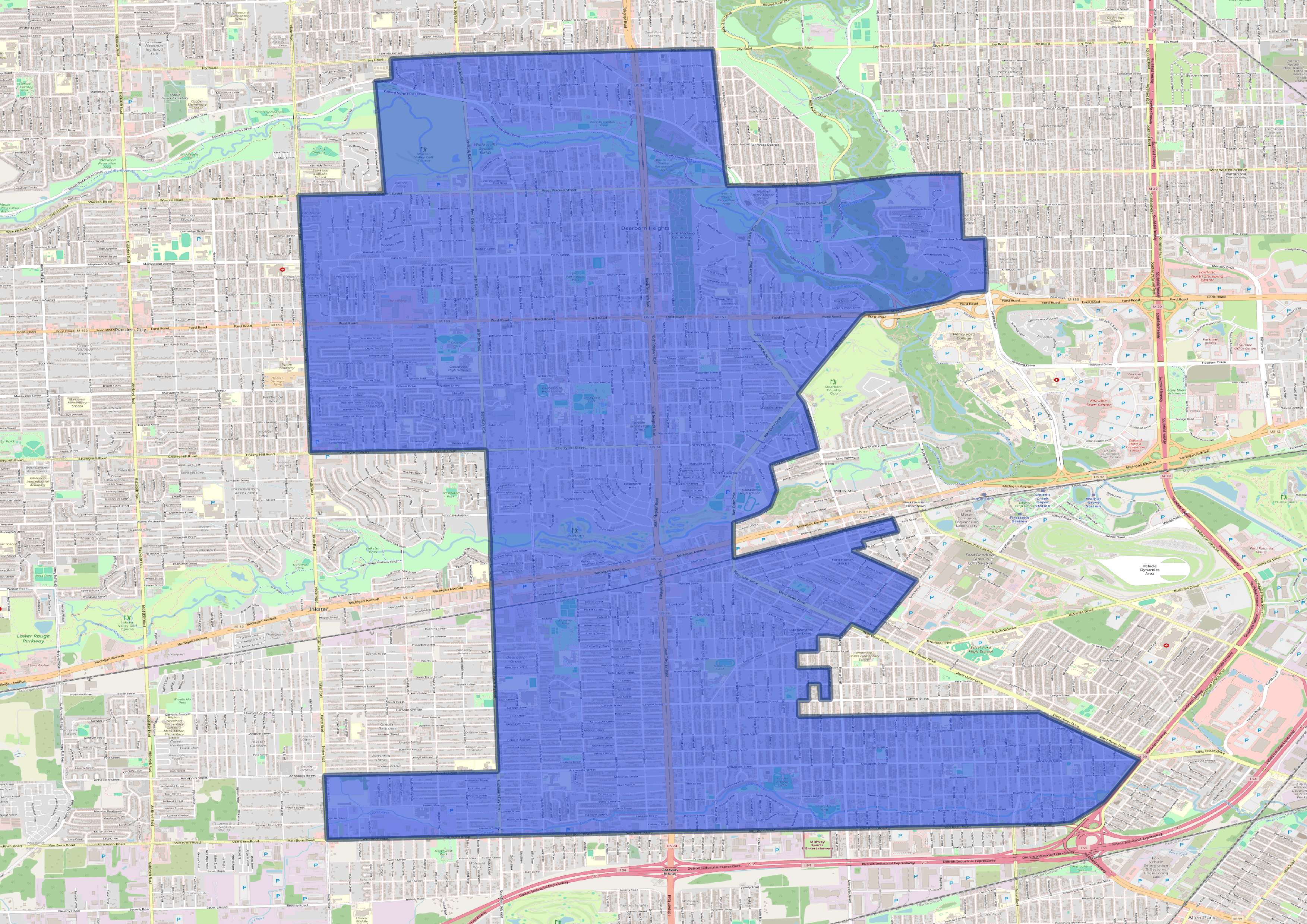 A map of Michigan State House District 15 shaded in blue.