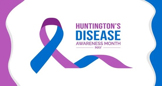 A pink and blue graphic of a ribbon that reads Huntington's Disease Awareness Month.