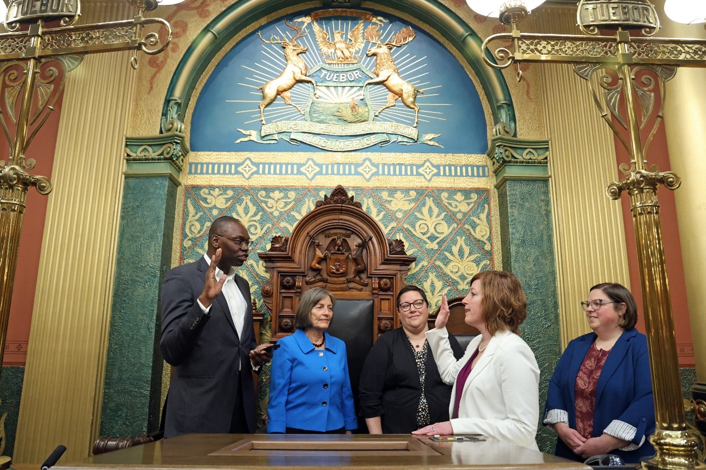 Michigan State Representative Julie Rogers is sworn into Michigan's 103rd Legislature by Lieutenant Governor Garlin Gilcrist.