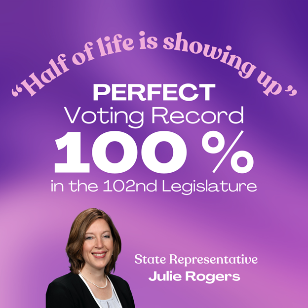 A graphic of Michigan State Representative Julie Rogers presenting her 100% voting attendance in the 102nd Legislature.