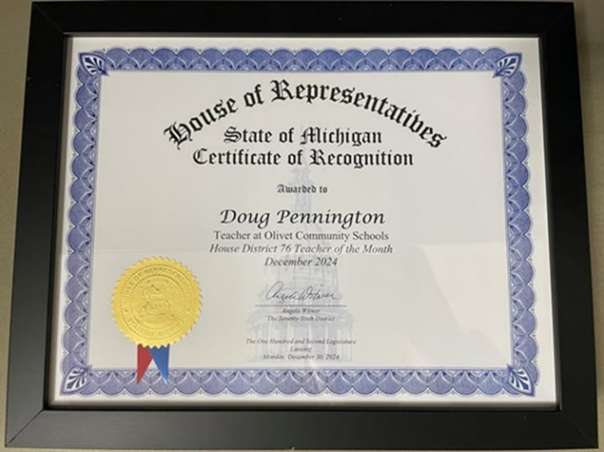 A certificate from the Michigan House of Representatives recognizing Doug Pennington as House District 76 Teacher of the Month for December 2024.