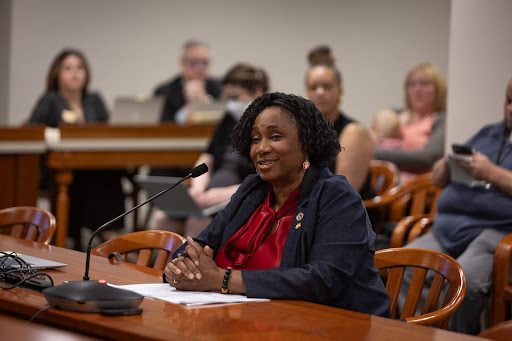 State Rep. Stephanie A. Young testifying in committee on Wednesday, May 15, 2024, at the House Office Building in Lansing.