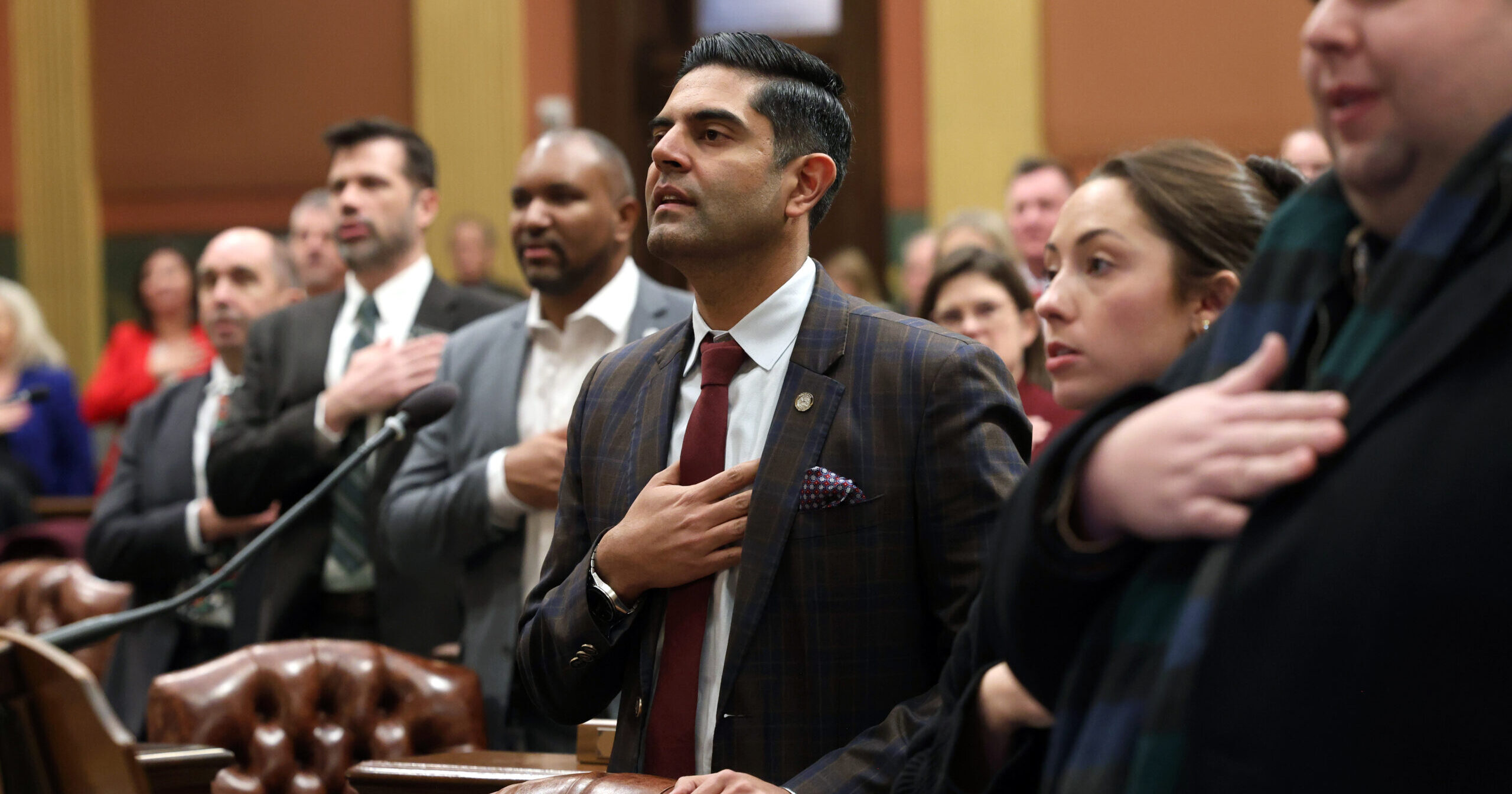 Michigan Democratic Leader Ranjeev Puri says the pledge of allegiance on the House floor at the Capital.