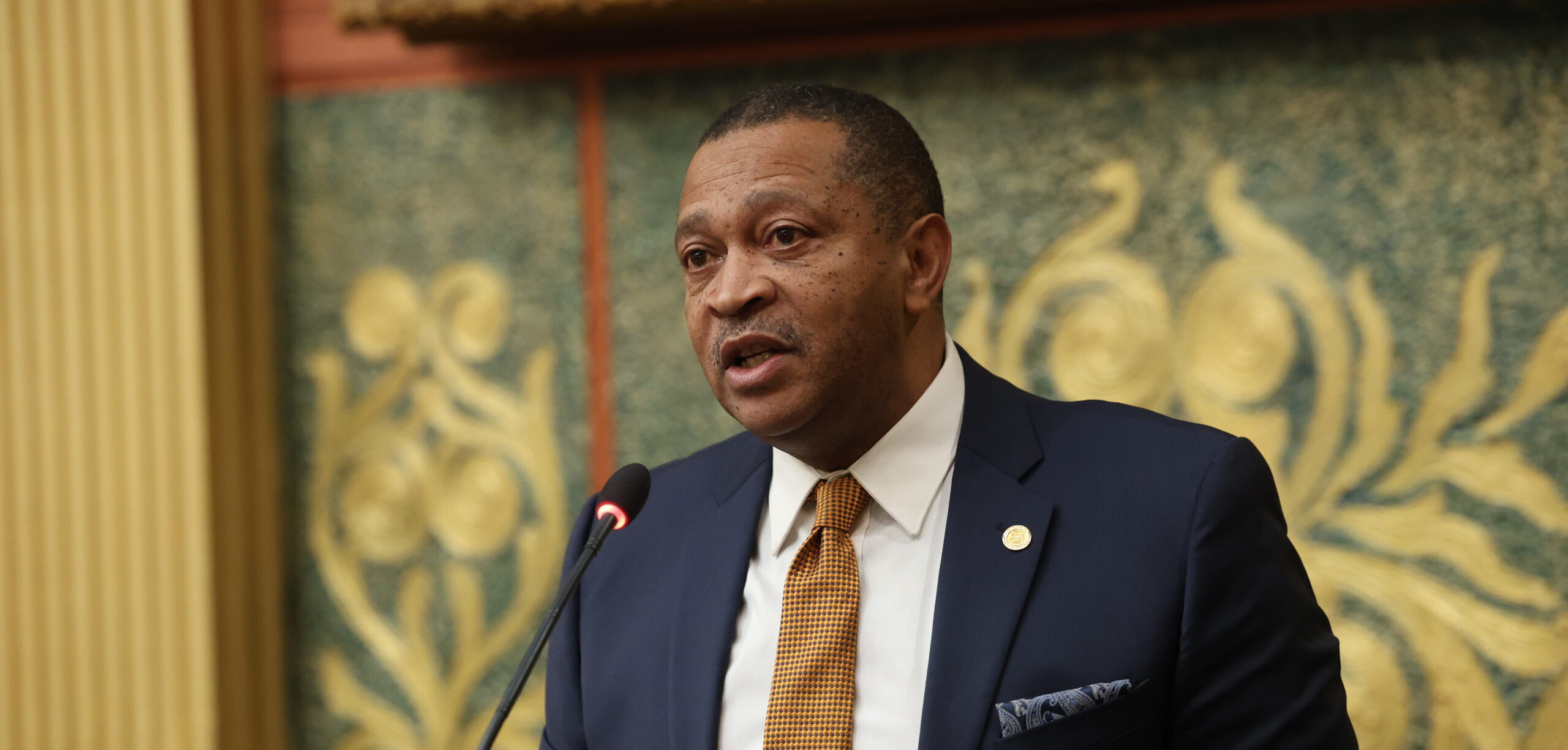 State Rep. Tyrone Carter speaking in opposition to House Resolution 19 on Tuesday, Feb. 11, 2025, at the Capitol Building in Lansing.