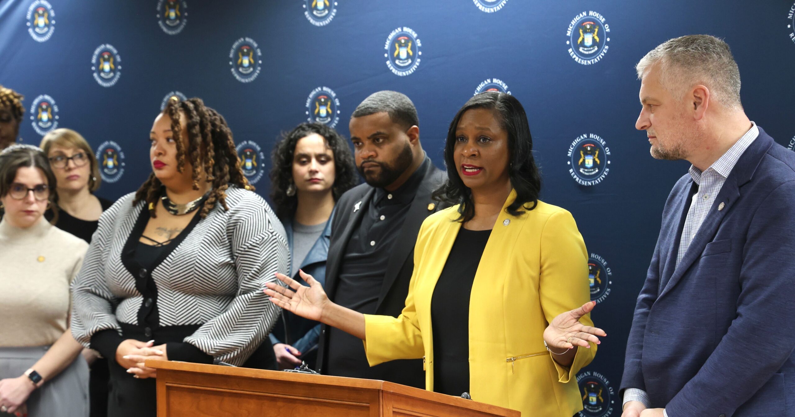 Michigan State Representative Tonya Myers Phillips speaks at the 'Dems for Workers' press conference while standing beside fellow Democratic colleagues.