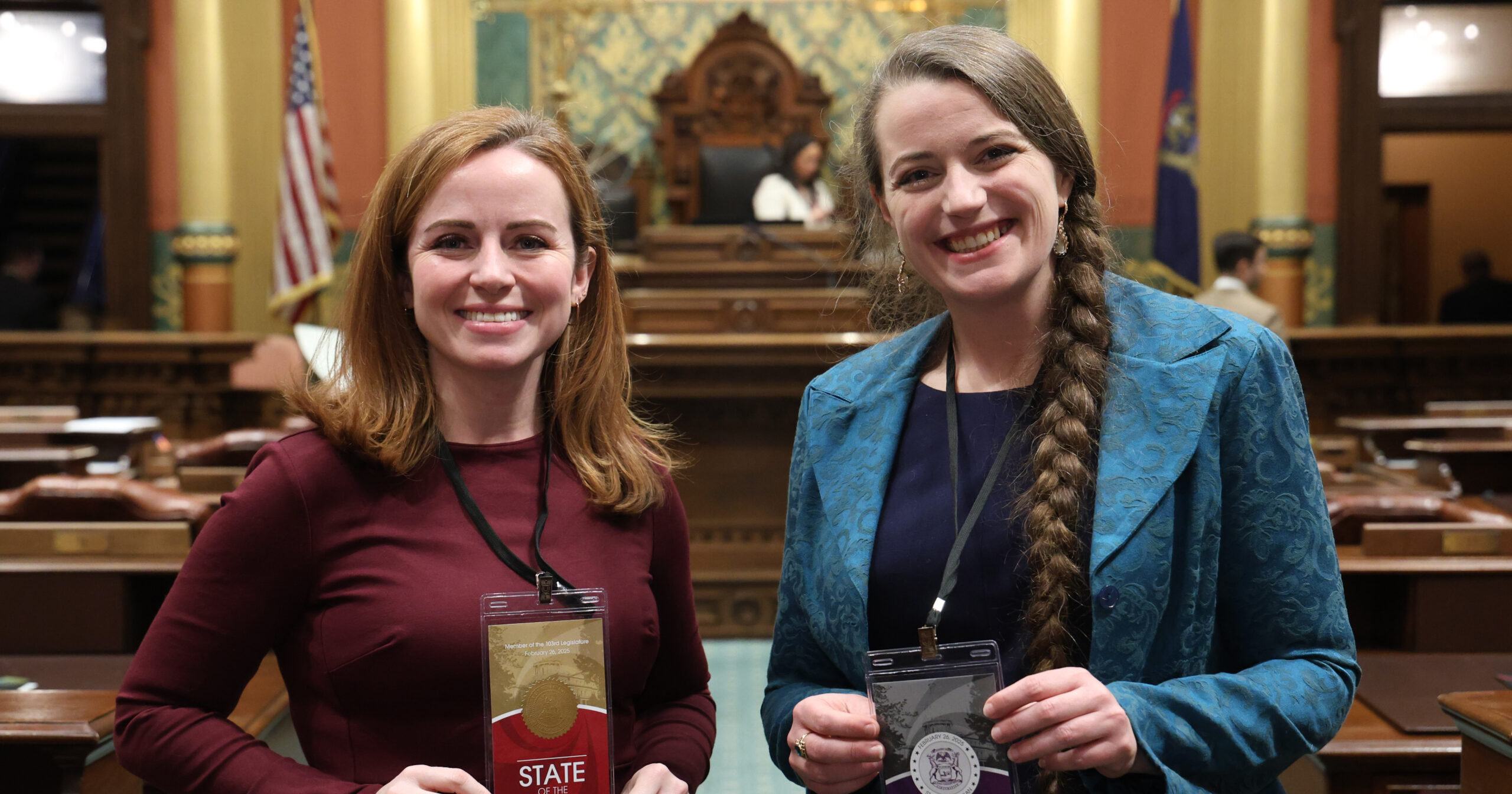 Michigan State Representative Erin Byrnes and guest Betty Adams, Library Director of Dearborn Public Library, at the State of the State Address on the House floor.